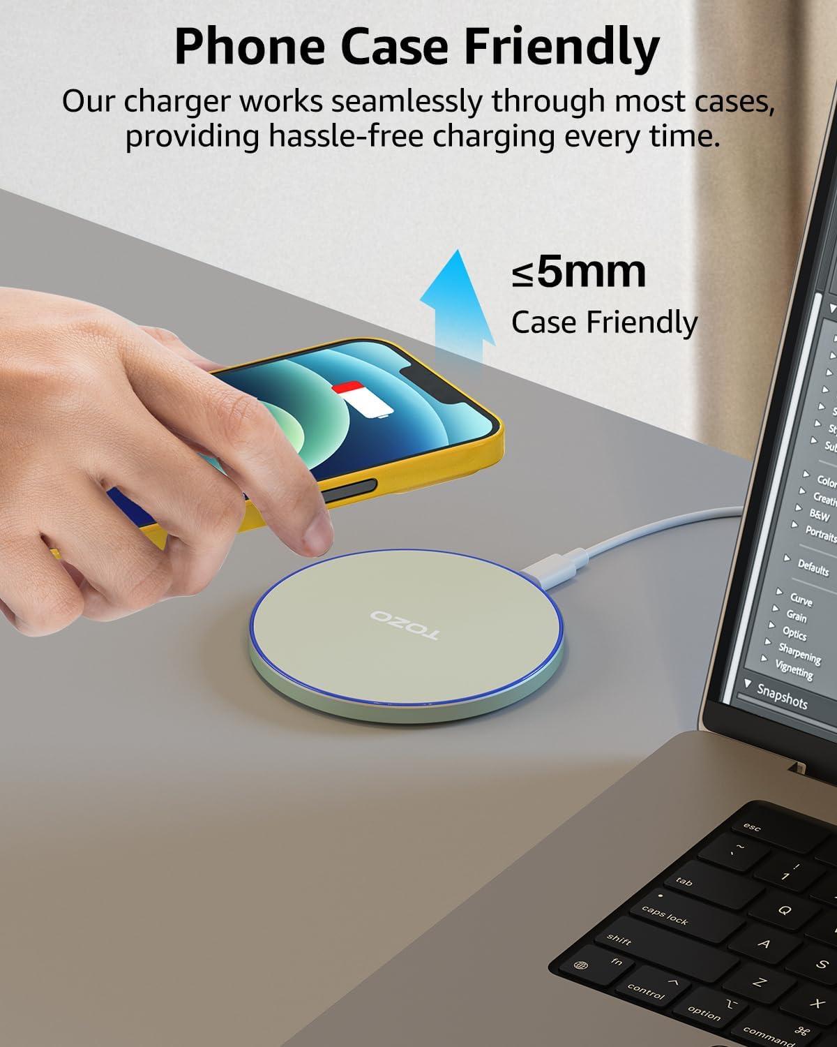 imageTOZO 2025 New AntiSlip Wireless Charger 15W Max Fast Wireless Charging Pad Compatible with iPhone 171616 Plus16 Pro Max 151413SE Series Samsung Galaxy S25S24S23 Series SilverMatte Green