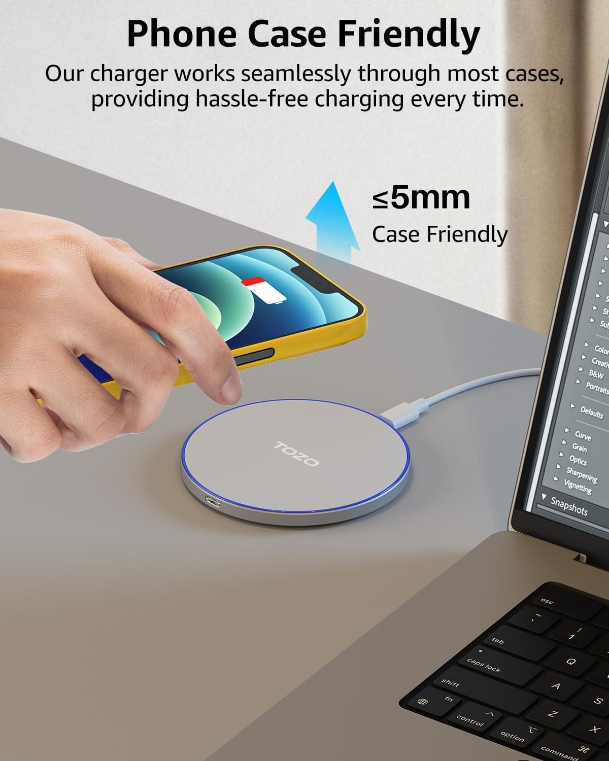 imageTOZO 2025 New AntiSlip Wireless Charger 15W Max Fast Wireless Charging Pad Compatible with iPhone 171616 Plus16 Pro Max 151413SE Series Samsung Galaxy S25S24S23 Series SilverGray