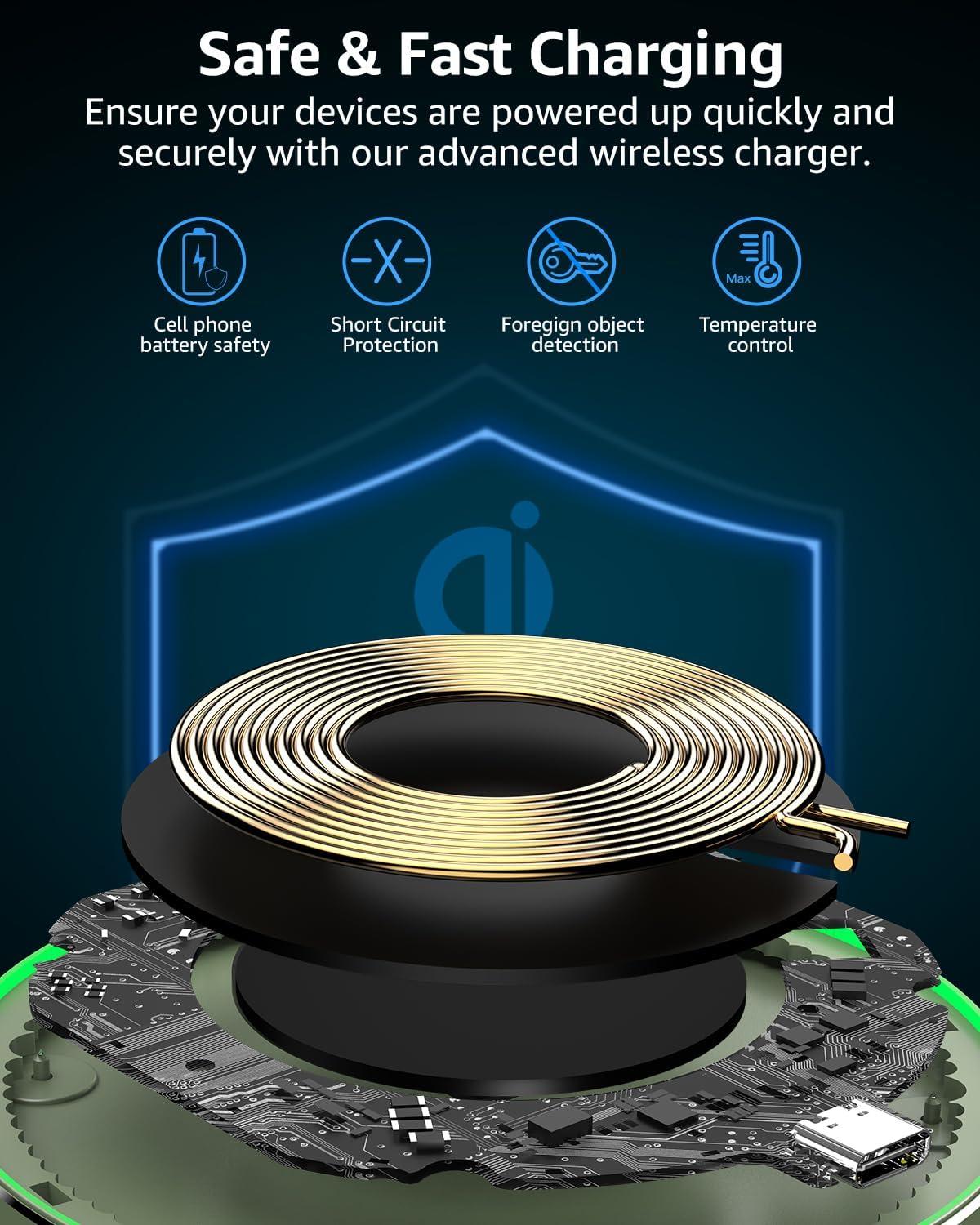 imageTOZO 2025 New AntiSlip Wireless Charger 15W Max Fast Wireless Charging Pad Compatible with iPhone 171616 Plus16 Pro Max 151413SE Series Samsung Galaxy S25S24S23 Series SilverMatte Green