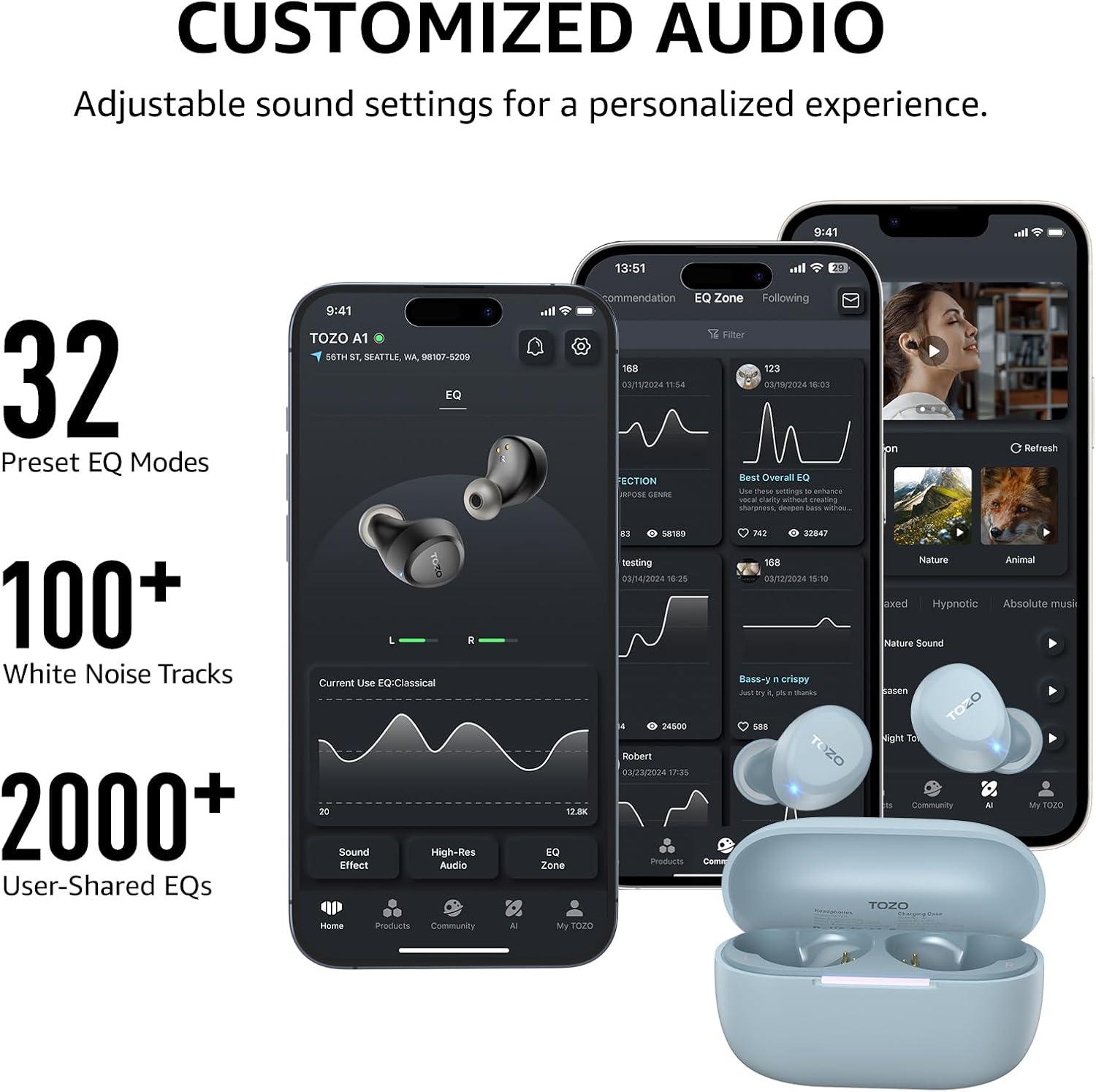 imageTOZO A1 Wireless Earbuds Bluetooth 53 Light Weight in Ear IPX5 Waterproof Headphones 2 Mic for AI Calls Immersive Premium Sound Bass Headset with Charging Case 32 Presets EQ Customization via AppBlue