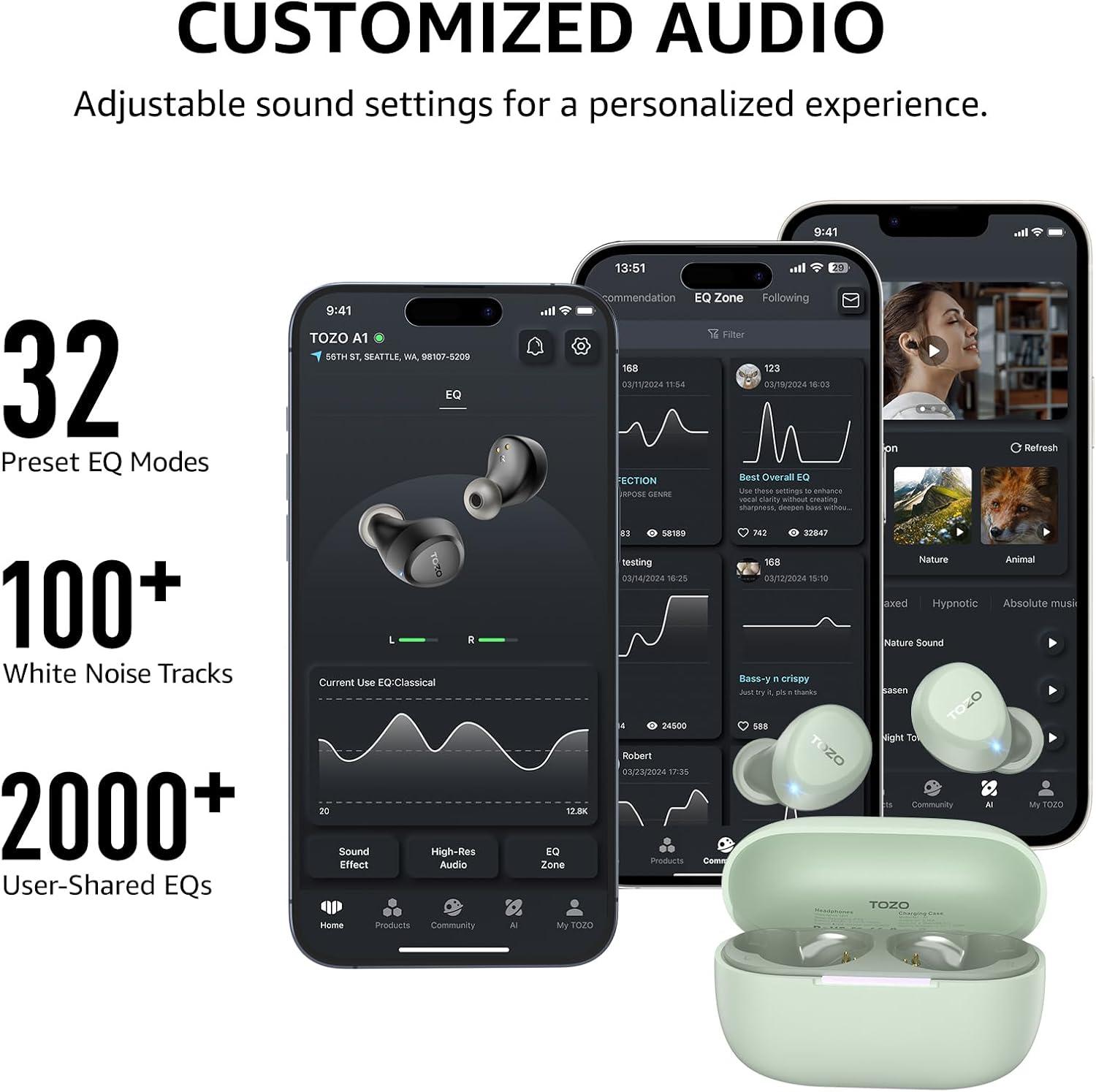 imageTOZO A1 Wireless Earbuds Bluetooth 53 Light Weight in Ear IPX5 Waterproof Headphones 2 Mic for AI Calls Immersive Premium Sound Bass Headset with Charging Case 32 Presets EQ Customization via AppGreen