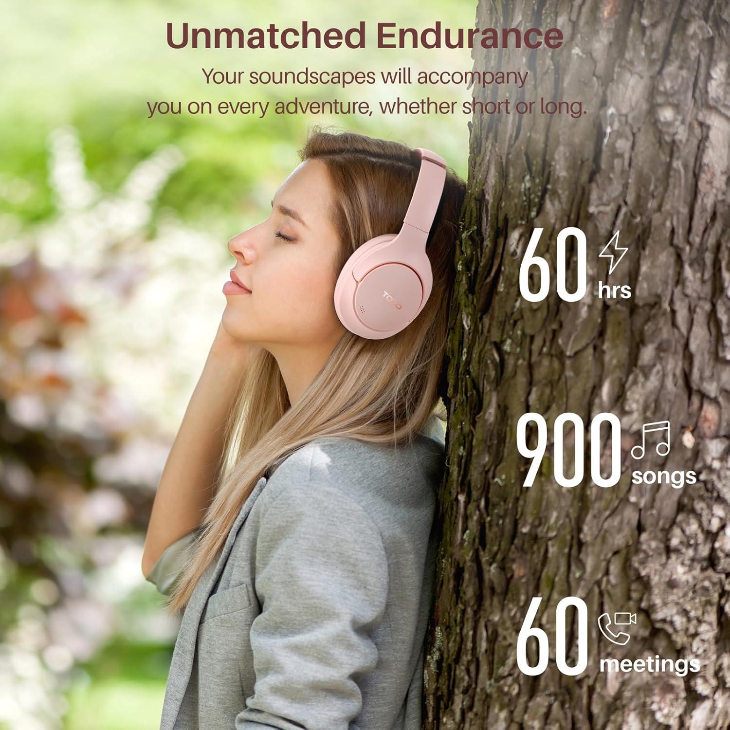 imageTOZO HT2 Hybrid Active Noise Cancelling Headphones Wireless Over Ear Bluetooth Headset 60H Playtime HiRes Audio Custom EQ via App Deep Bass Comfort Fit Ear Cups for Home Office Travel BlackMatte Pink