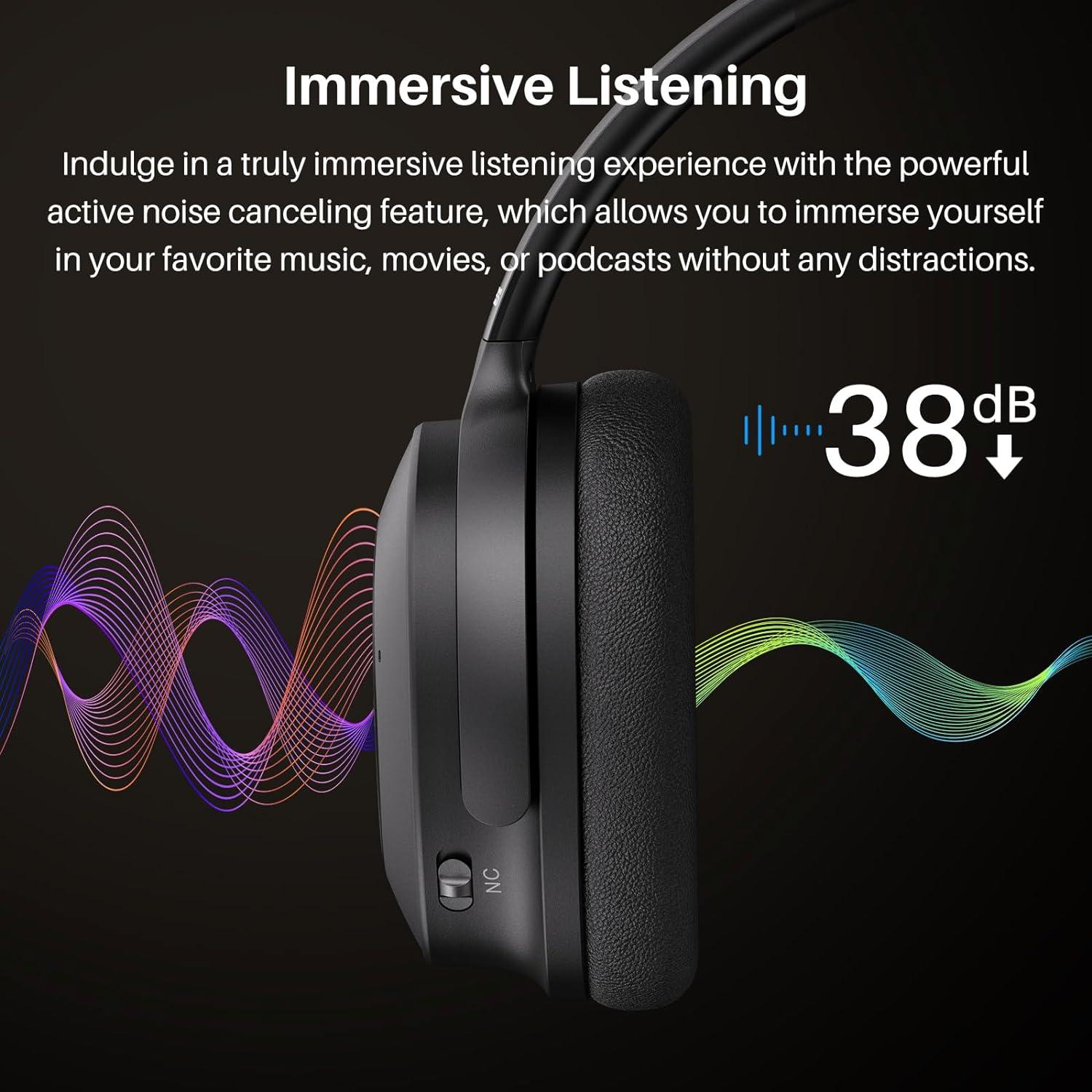 imageTOZO Hybrid Active Noise Cancelling Headphones Wireless Over Ear Bluetooth Headset 40H Playtime HiRes Audio Custom EQ via App Deep Bass Comfort Fit Ear Cups for Home Office Travel BlackBlack