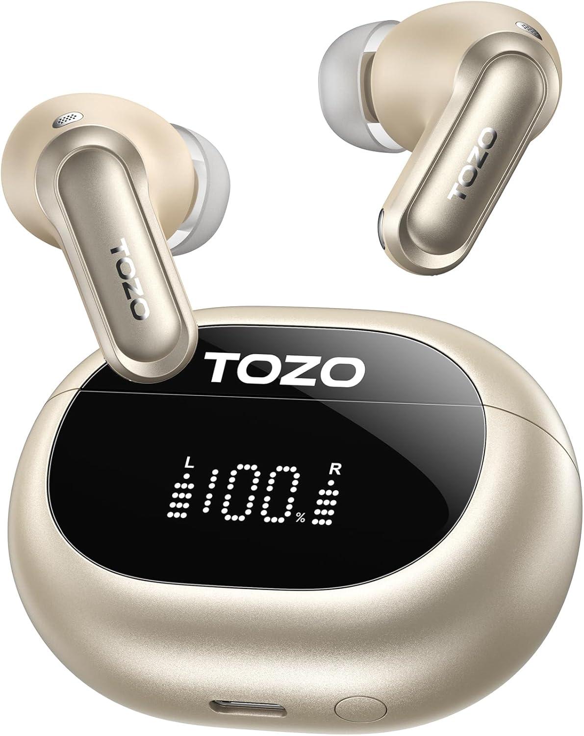 imageTOZO NC20 Pro Active Noise Cancelling Wireless Earbuds with Smart Touch Screen LDAC HiRes Audio Stereo Bass 6 Mics AI Call Ear Buds 80H Playtime IPX8 Waterproof 32 EQ via App Wireless ChargingTitanium Champagne