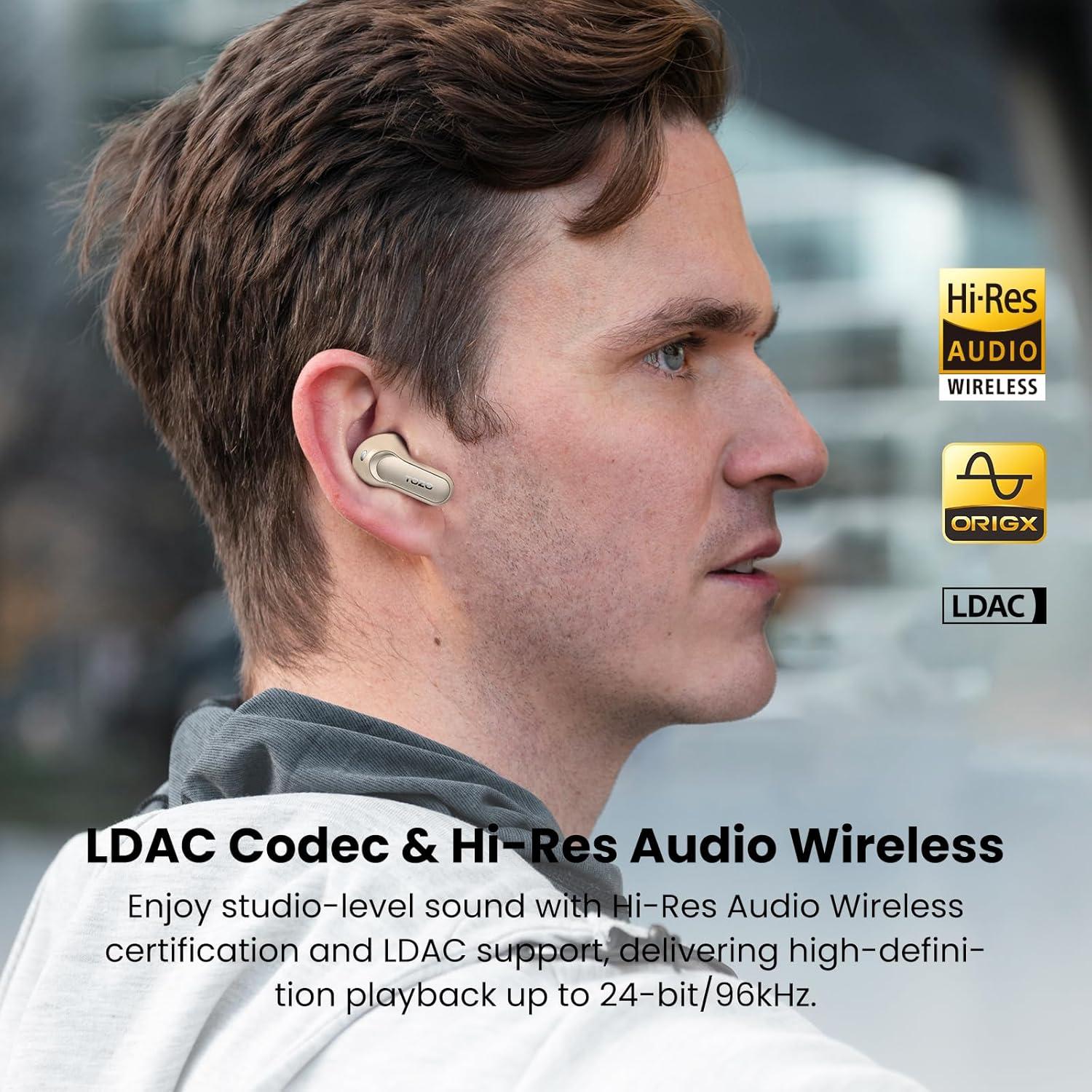 imageTOZO NC20 Pro Active Noise Cancelling Wireless Earbuds with Smart Touch Screen LDAC HiRes Audio Stereo Bass 6 Mics AI Call Ear Buds 80H Playtime IPX8 Waterproof 32 EQ via App Wireless ChargingTitanium Champagne