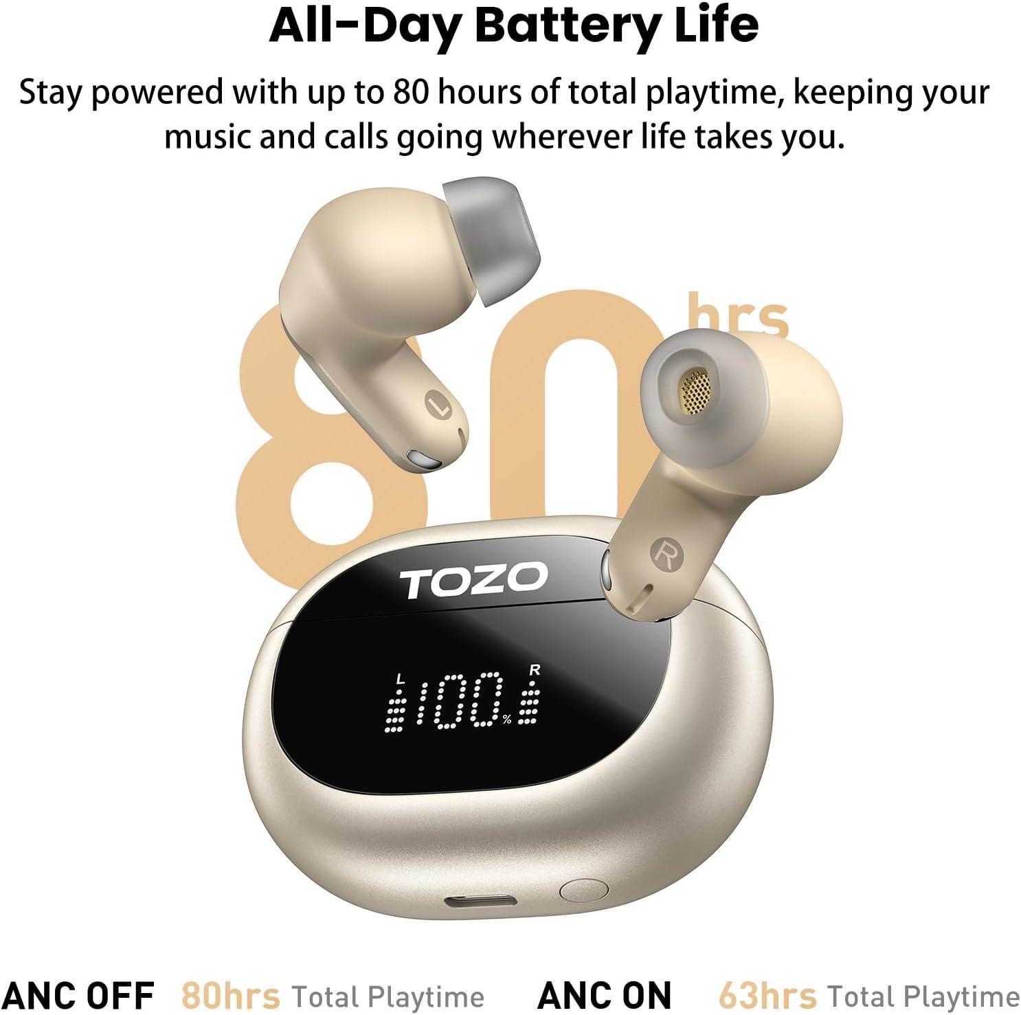 imageTOZO NC20 Pro Active Noise Cancelling Wireless Earbuds with Smart Touch Screen LDAC HiRes Audio Stereo Bass 6 Mics AI Call Ear Buds 80H Playtime IPX8 Waterproof 32 EQ via App Wireless ChargingTitanium Champagne