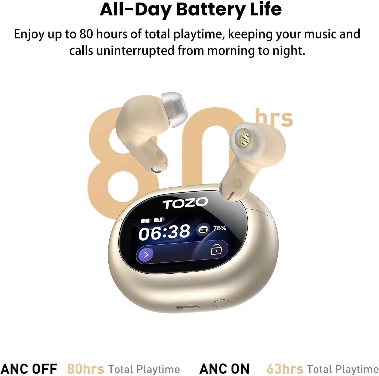 imageTOZO NC20 Pro Active Noise Cancelling Wireless Earbuds with Smart Touch Screen LDAC HiRes Audio Stereo Bass 6 Mics AI Call Ear Buds 80H Playtime IPX8 Waterproof 32 EQ via App Wireless ChargingTitanium Champagne