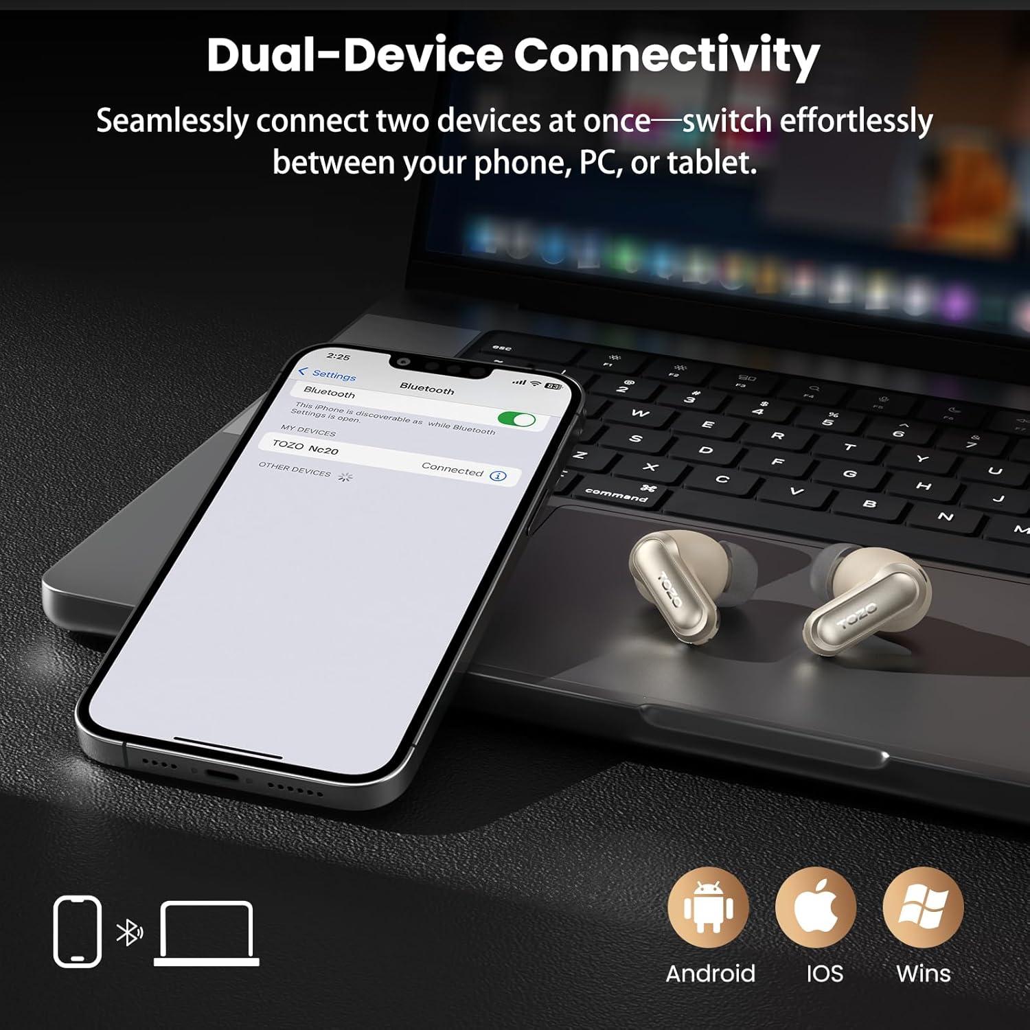 imageTOZO NC20 Pro Active Noise Cancelling Wireless Earbuds with Smart Touch Screen LDAC HiRes Audio Stereo Bass 6 Mics AI Call Ear Buds 80H Playtime IPX8 Waterproof 32 EQ via App Wireless ChargingTitanium Champagne