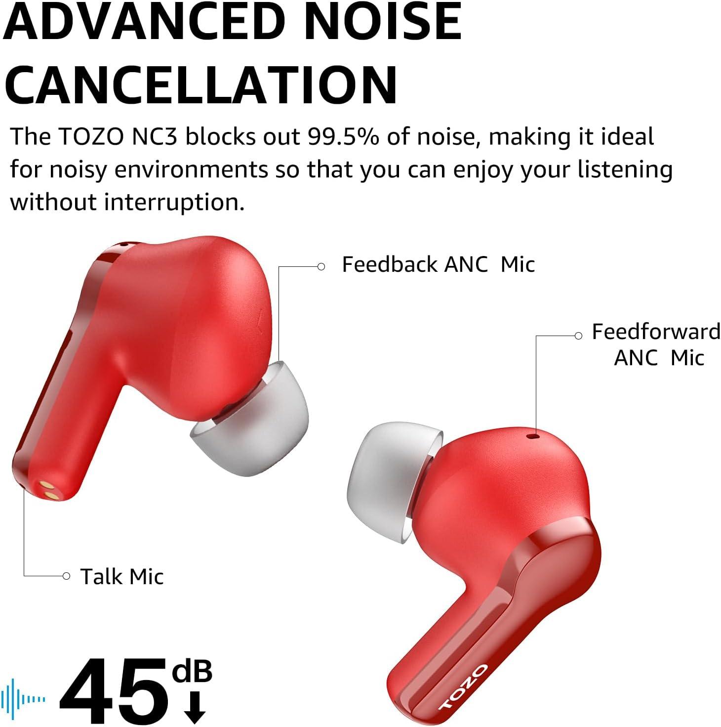 imageTOZO NC3 Hybrid Active Noise Cancelling Wireless Earbuds with 6 Mics AI Clear Call Ear Buds 55H Playtime with LED Display 32 Preset EQs via APP Bluetooth 53 IPX8 Waterproof in Ear HeadphonesRed