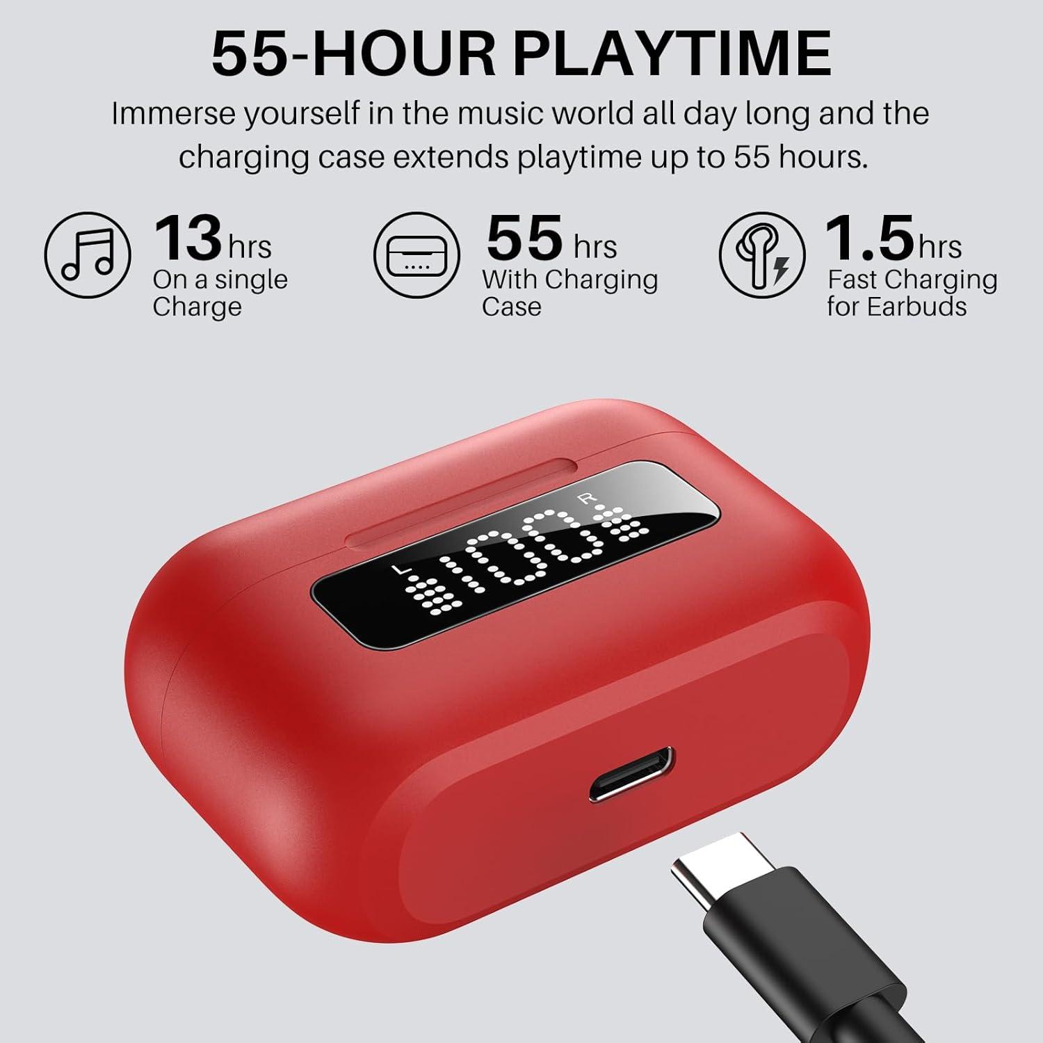 imageTOZO NC3 Hybrid Active Noise Cancelling Wireless Earbuds with 6 Mics AI Clear Call Ear Buds 55H Playtime with LED Display 32 Preset EQs via APP Bluetooth 53 IPX8 Waterproof in Ear HeadphonesRed