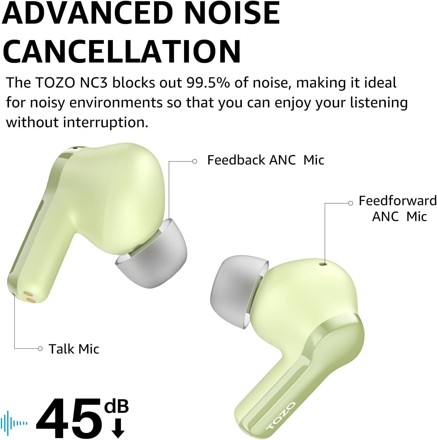 imageTOZO NC3 Hybrid Active Noise Cancelling Wireless Earbuds with 6 Mics AI Clear Call Ear Buds 55H Playtime with LED Display 32 Preset EQs via APP Bluetooth 53 IPX8 Waterproof in Ear HeadphonesLight Green