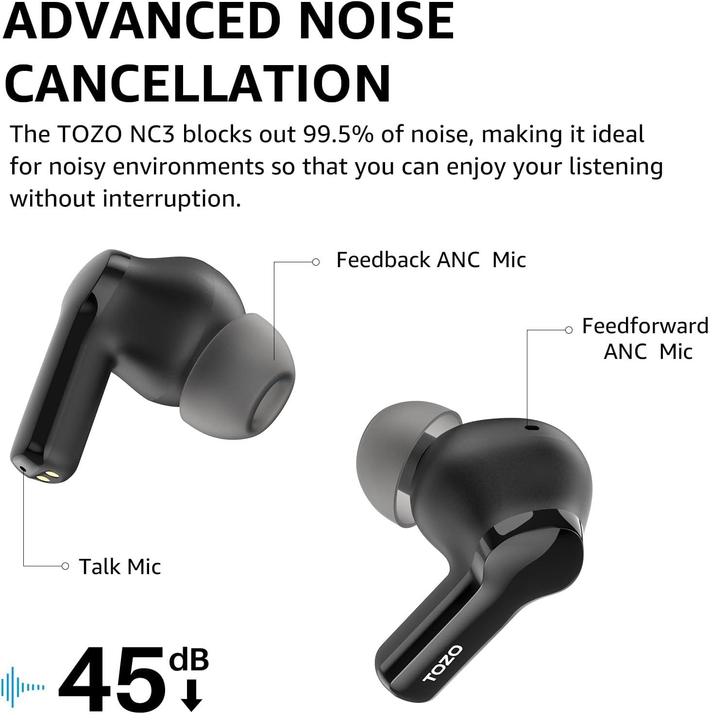 imageTOZO NC3 Hybrid Active Noise Cancelling Wireless Earbuds with 6 Mics AI Clear Call Ear Buds 55H Playtime with LED Display 32 Preset EQs via APP Bluetooth 53 IPX8 Waterproof in Ear HeadphonesBlack