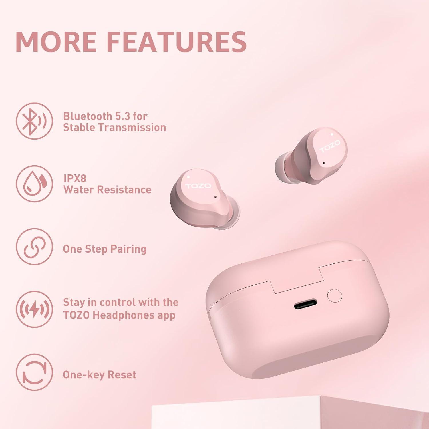 imageTOZO NC9 Hybrid Active Noise Cancelling Wireless Earbuds 6 Mics ENC Clear Call IPX8 Waterproof in Ear Bluetooth 53 Headphones Stereo Bass Ear Buds 59H Playtime with LED Display 32 EQs via APPPink