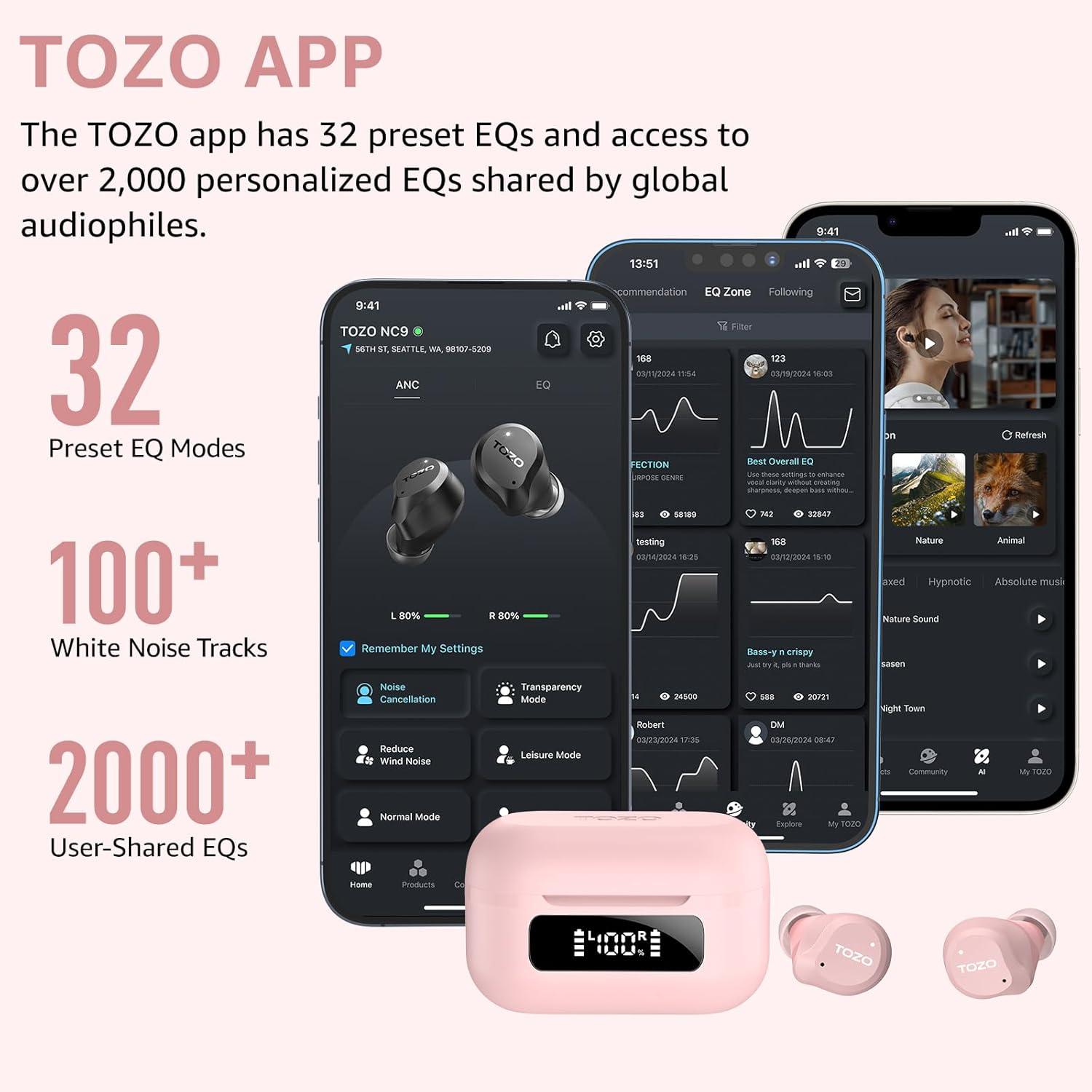 imageTOZO NC9 Hybrid Active Noise Cancelling Wireless Earbuds 6 Mics ENC Clear Call IPX8 Waterproof in Ear Bluetooth 53 Headphones Stereo Bass Ear Buds 59H Playtime with LED Display 32 EQs via APPPink