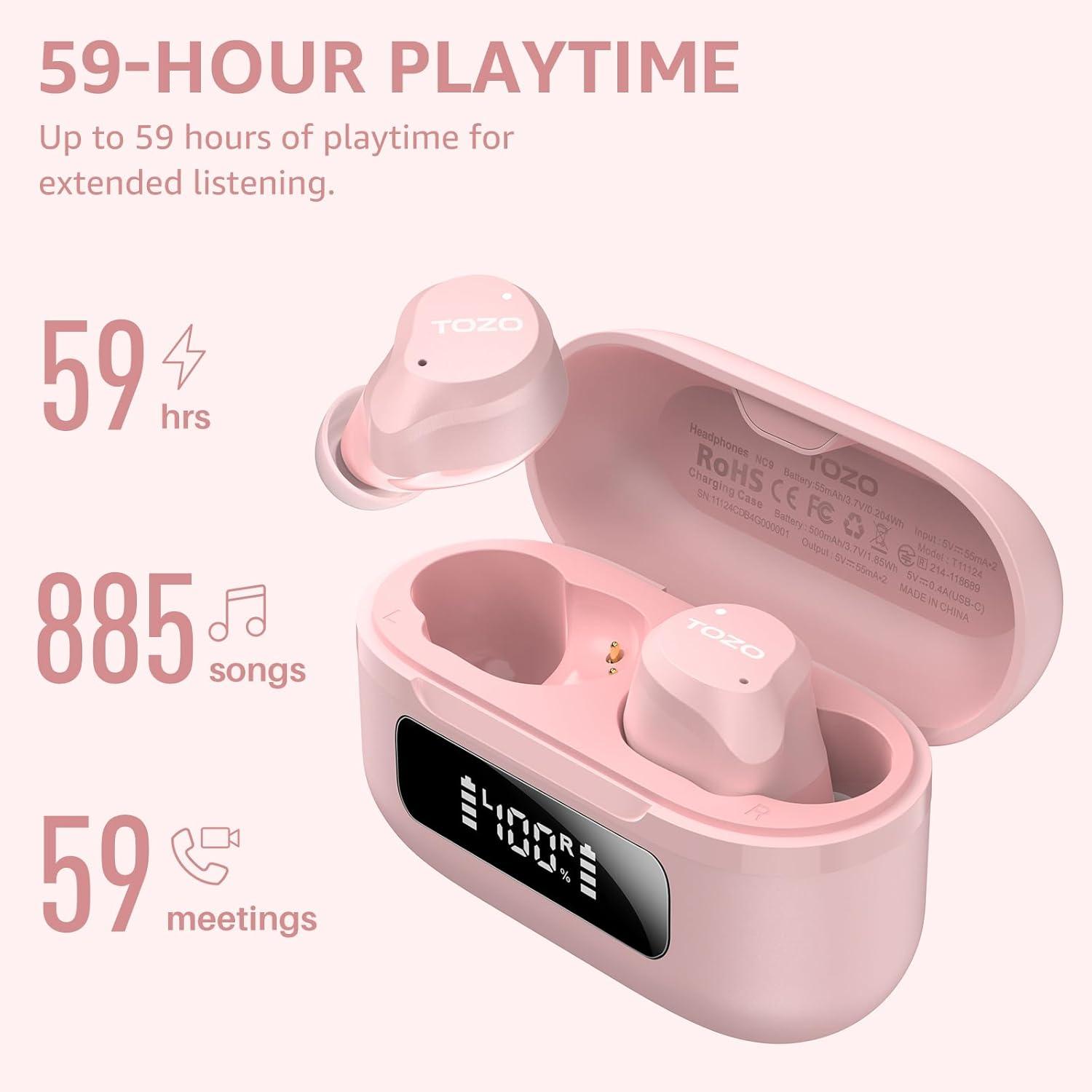 imageTOZO NC9 Hybrid Active Noise Cancelling Wireless Earbuds 6 Mics ENC Clear Call IPX8 Waterproof in Ear Bluetooth 53 Headphones Stereo Bass Ear Buds 59H Playtime with LED Display 32 EQs via APPPink