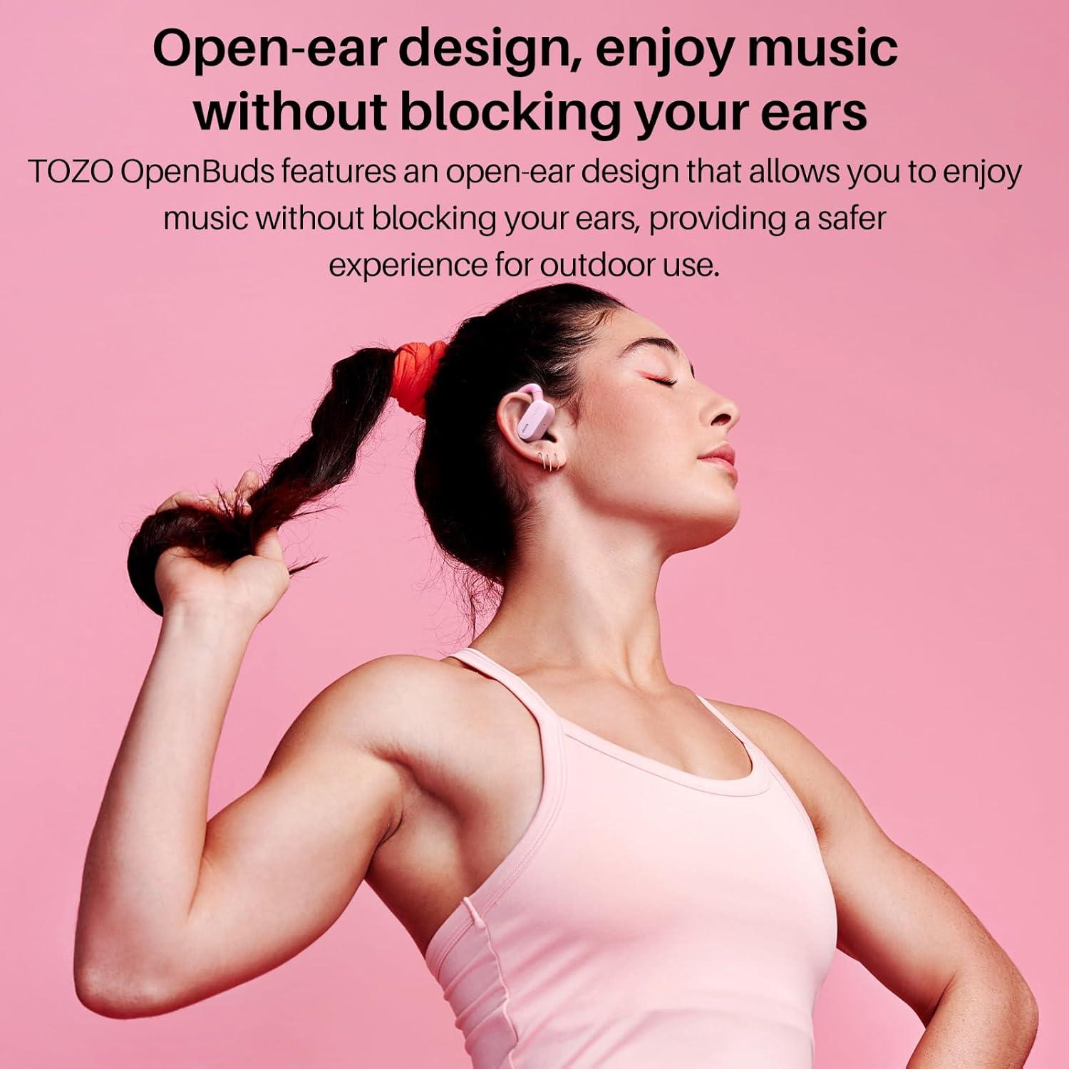 imageTOZO O2 True Open Ear Wireless Headphones Lightweight with MultiAngle Adjustment Bluetooth 53 Earbuds with DualAxis Design for LongLasting Comfort CrystalClear Calls for Driving Dark BlackPink