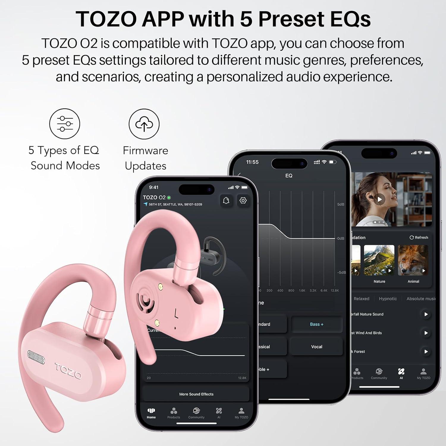 imageTOZO O2 True Open Ear Wireless Headphones Lightweight with MultiAngle Adjustment Bluetooth 53 Earbuds with DualAxis Design for LongLasting Comfort CrystalClear Calls for Driving Dark BlackPink
