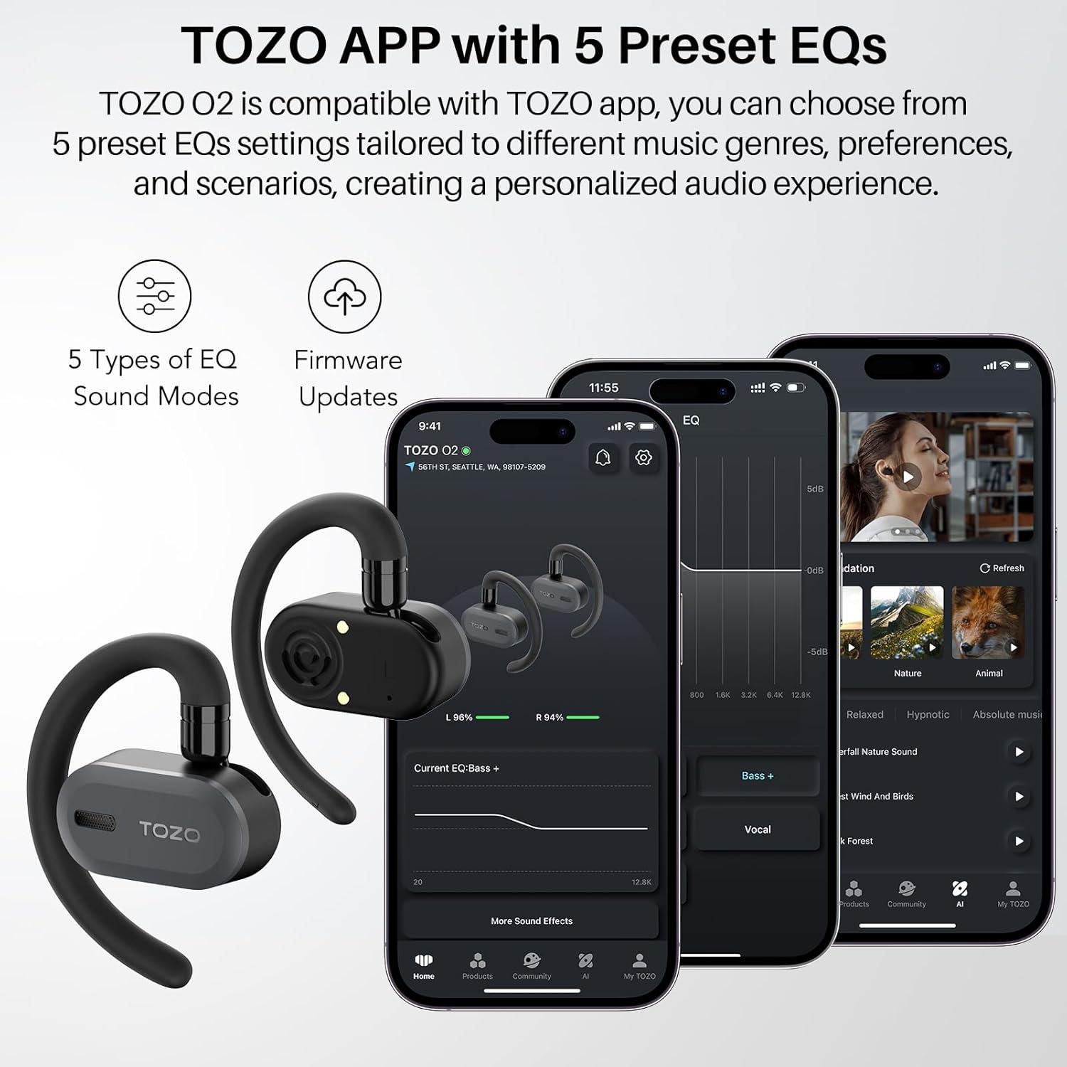 imageTOZO O2 True Open Ear Wireless Headphones Lightweight with MultiAngle Adjustment Bluetooth 53 Earbuds with DualAxis Design for LongLasting Comfort CrystalClear Calls for Driving Dark BlackDark Black