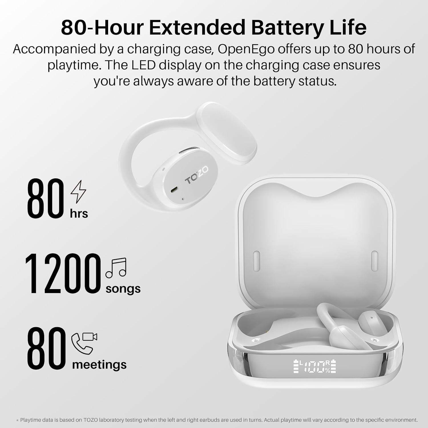 imageTOZO OpenEgo Open Ear Earbuds Bluetooth Headphones 80Hrs Playtime Wireless Earbuds with Earhooks Digital Display 32 EQ Modes Clear Call Comfortable Wear SweatProof for Running Workout BlackSnow White