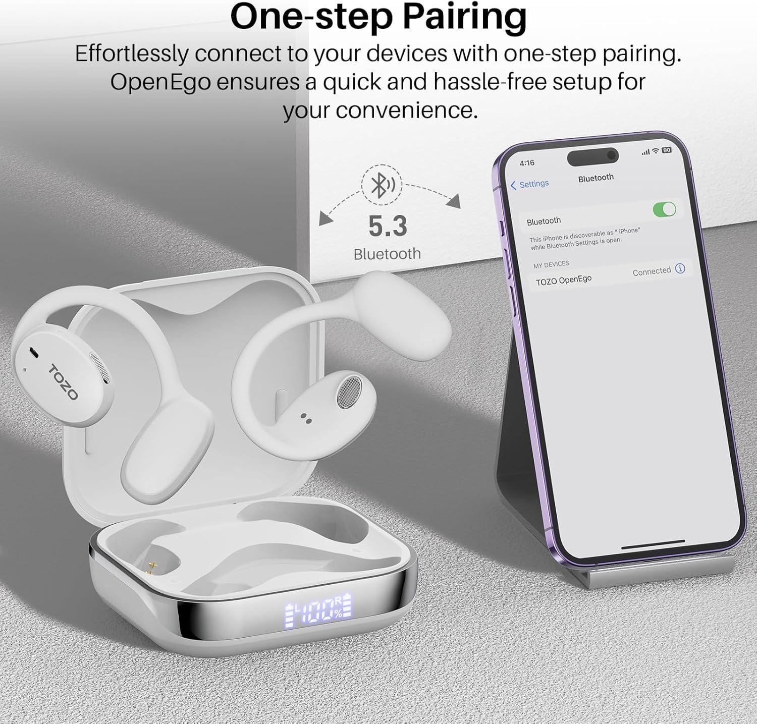 imageTOZO OpenEgo Open Ear Earbuds Bluetooth Headphones 80Hrs Playtime Wireless Earbuds with Earhooks Digital Display 32 EQ Modes Clear Call Comfortable Wear SweatProof for Running Workout BlackSnow White