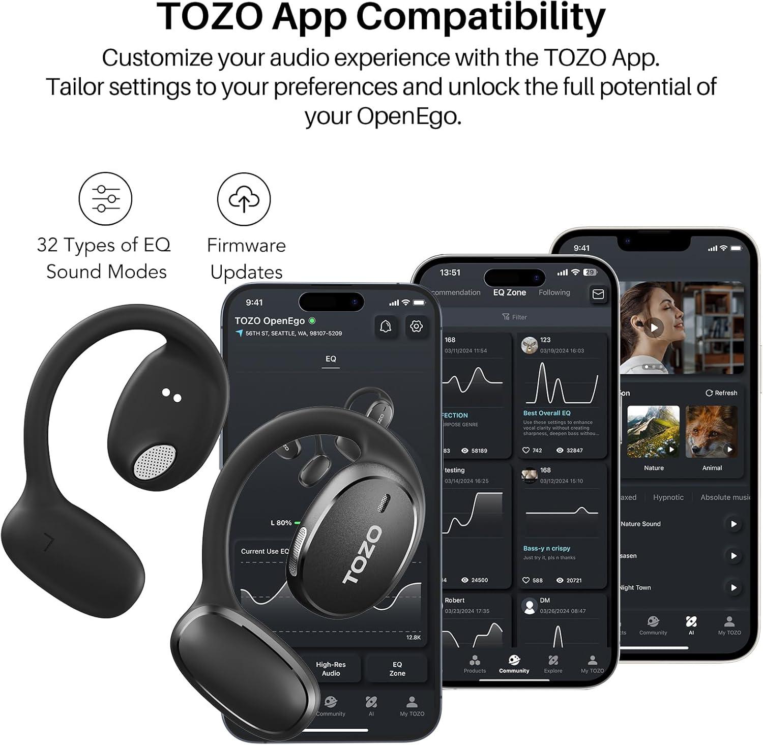 imageTOZO OpenEgo Open Ear Earbuds Bluetooth Headphones 80Hrs Playtime Wireless Earbuds with Earhooks Digital Display 32 EQ Modes Clear Call Comfortable Wear SweatProof for Running Workout BlackBlack