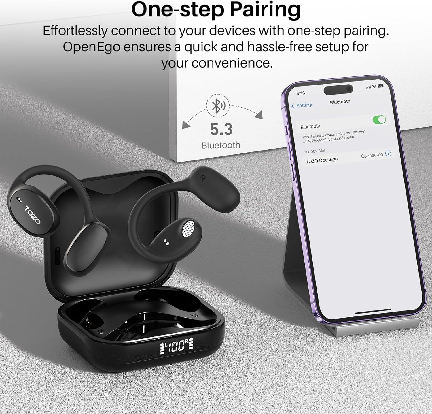 imageTOZO OpenEgo Open Ear Earbuds Bluetooth Headphones 80Hrs Playtime Wireless Earbuds with Earhooks Digital Display 32 EQ Modes Clear Call Comfortable Wear SweatProof for Running Workout BlackBlack