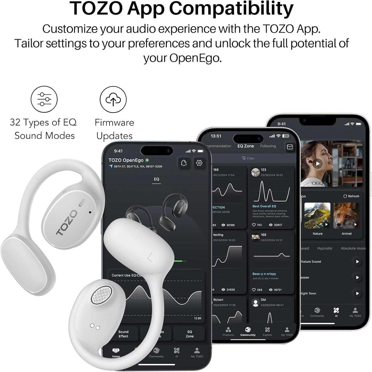 imageTOZO OpenEgo Open Ear Earbuds Bluetooth Headphones 80Hrs Playtime Wireless Earbuds with Earhooks Digital Display 32 EQ Modes Clear Call Comfortable Wear SweatProof for Running Workout BlackSnow White