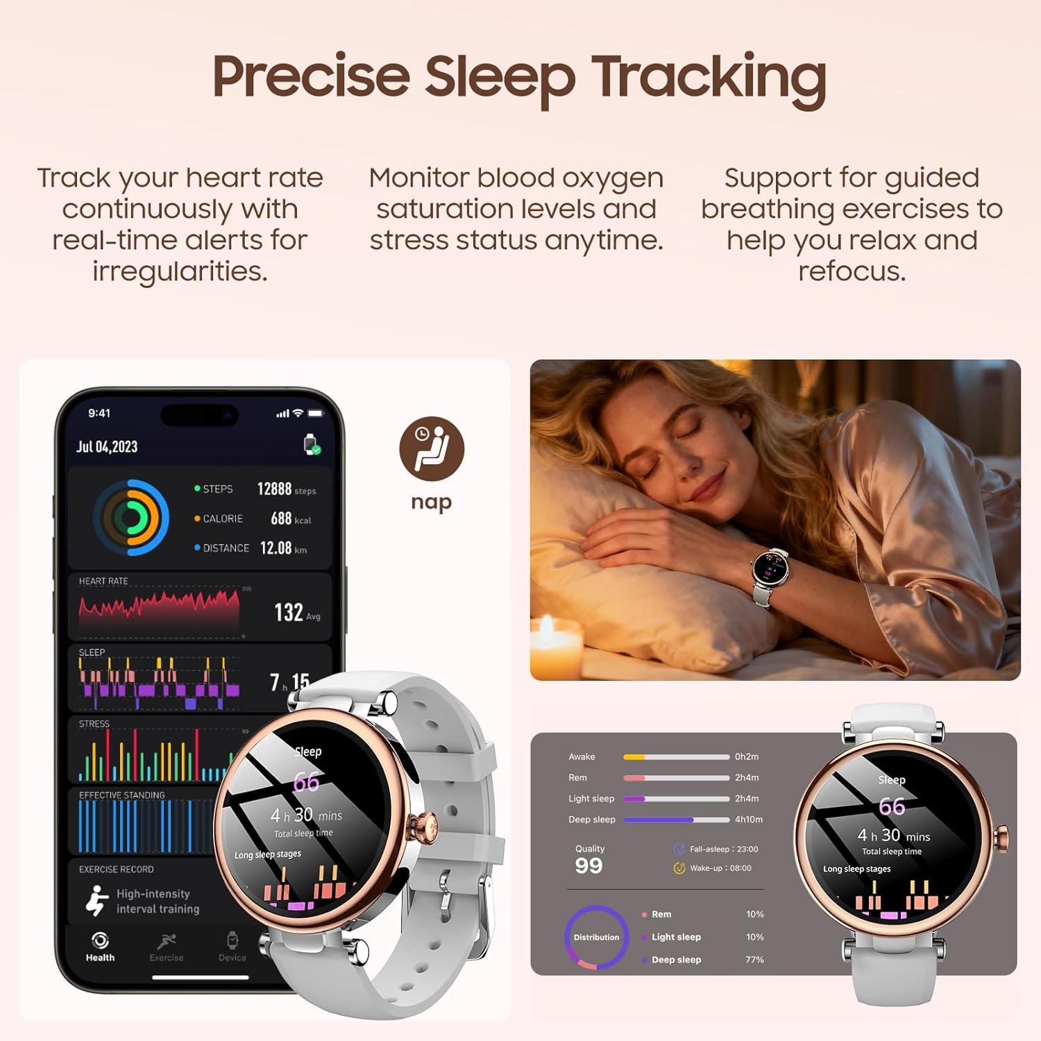 imageTOZO S8 AMOLED Smart Watch for Women 132quot HD Color Screen Health Tracker Ladies Watch with Sleep Monitor Stress Analysis 100 Sports Modes Waterproof Bluetooth Calls ampamp Text Leisure Sport TravelRose Gold Metal Case with Silver Silicone Strap