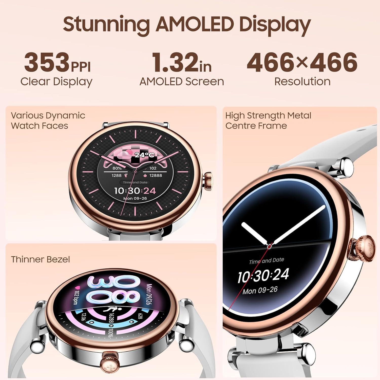 imageTOZO S8 AMOLED Smart Watch for Women 132quot HD Color Screen Health Tracker Ladies Watch with Sleep Monitor Stress Analysis 100 Sports Modes Waterproof Bluetooth Calls ampamp Text Leisure Sport TravelRose Gold Metal Case with Silver Silicone Strap