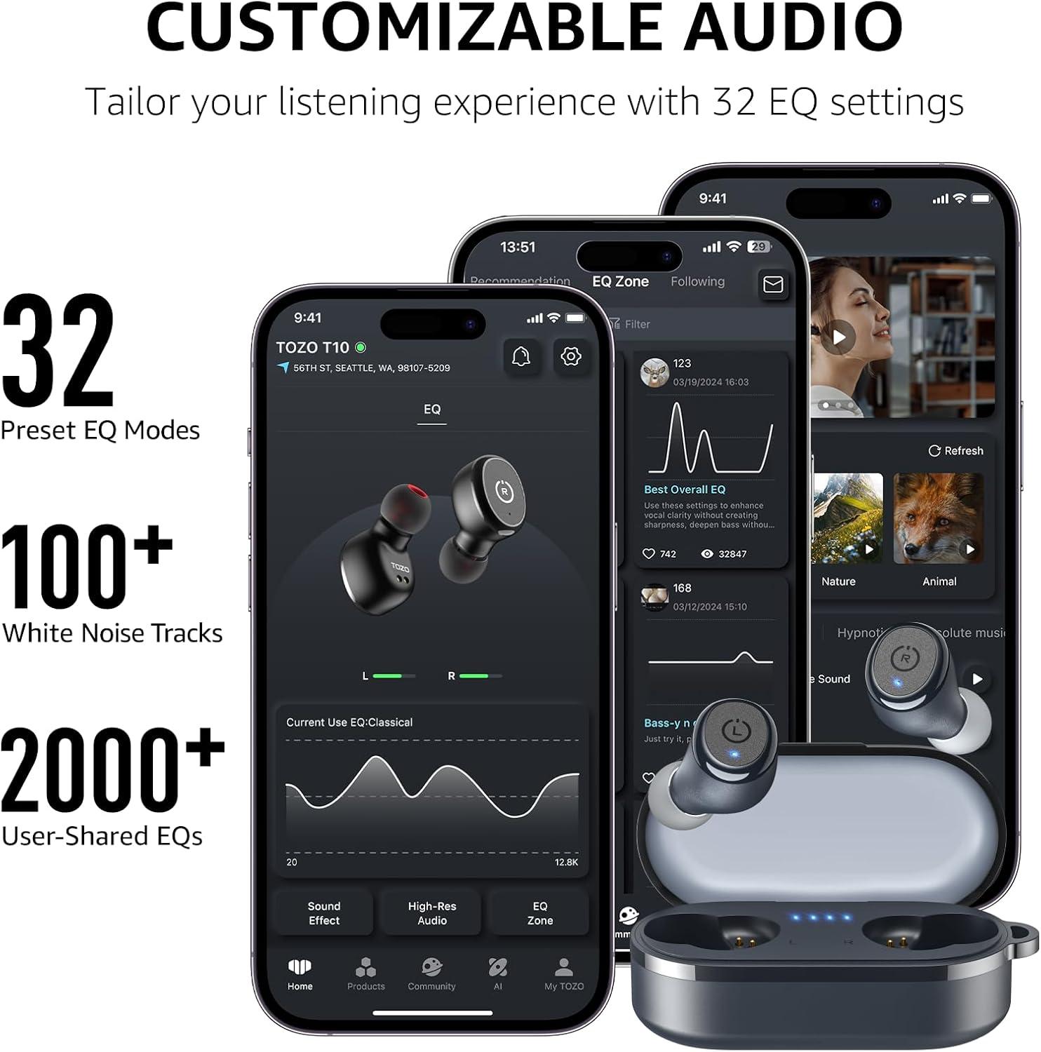 imageTOZO T10 Wireless Earbuds Bluetooth 53 Headphones App Customize EQ Ergonomic Design 55H Playtime Wireless Charging Case IPX8 Waterproof Sound inEar Headset New VersionMatte Blue