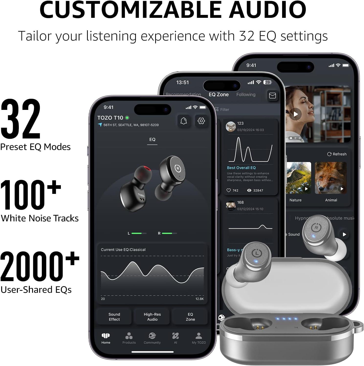 imageTOZO T10 Wireless Earbuds Bluetooth 53 Headphones App Customize EQ Ergonomic Design 55H Playtime Wireless Charging Case IPX8 Waterproof Sound inEar Headset New VersionMatte Gray