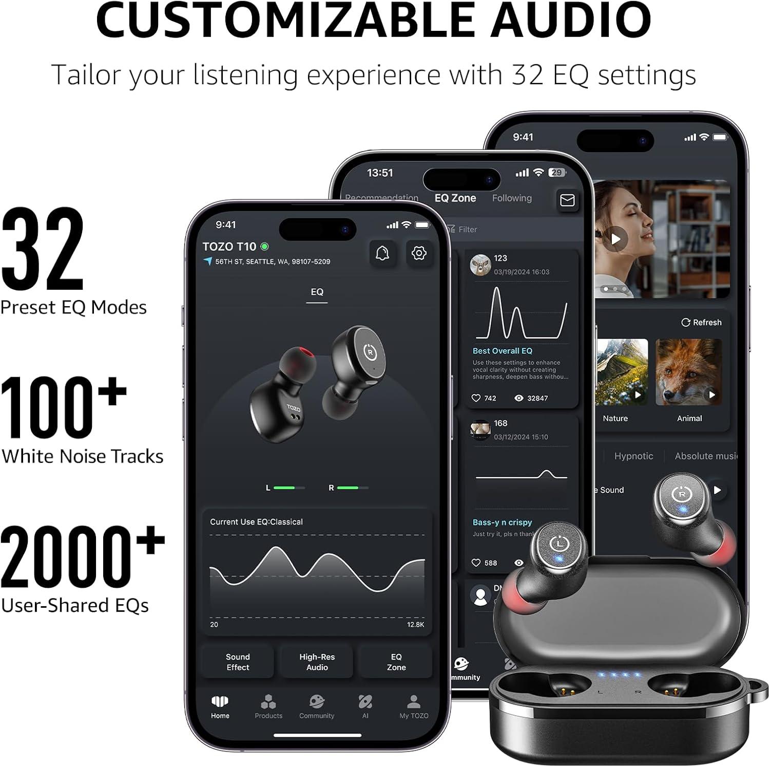 imageTOZO T10 Wireless Earbuds Bluetooth 53 Headphones App Customize EQ Ergonomic Design 55H Playtime Wireless Charging Case IPX8 Waterproof Sound inEar Headset New VersionBlack