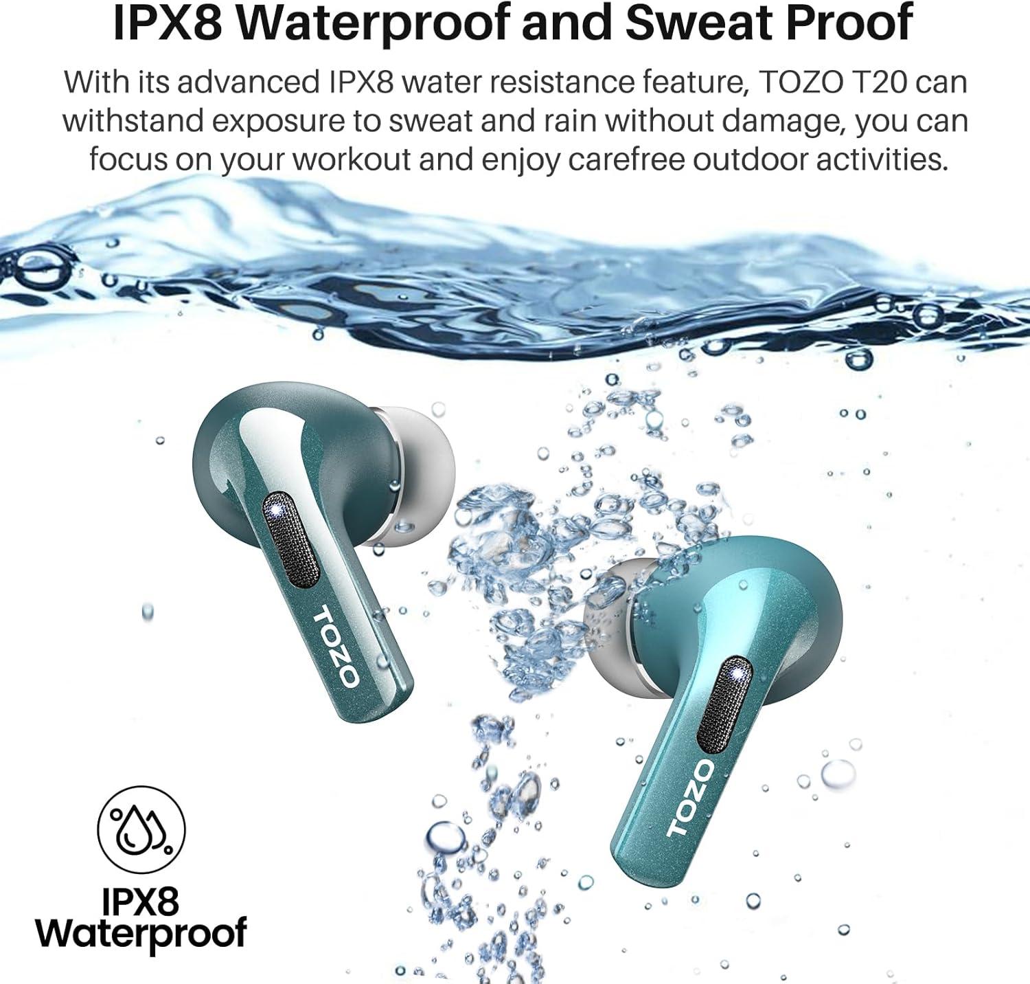 imageTOZO T20 Wireless Earbuds Bluetooth Headphones 485 Hrs Playtime with LED Digital Display IPX8 Waterproof Dual Mic Call Noise Cancelling 10mm Broad Range Speakers New VersionGreen