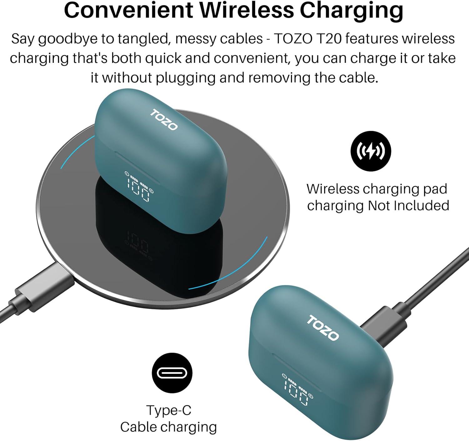 imageTOZO T20 Wireless Earbuds Bluetooth Headphones 485 Hrs Playtime with LED Digital Display IPX8 Waterproof Dual Mic Call Noise Cancelling 10mm Broad Range Speakers New VersionGreen