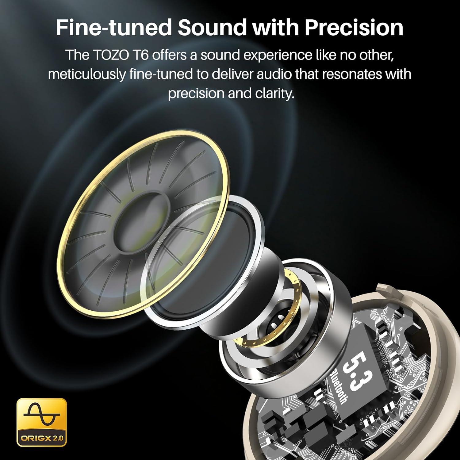 imageTOZO T6 Wireless Earbuds Bluetooth Ear Buds Stereo Sound in Ear Headphones 50 Hours Playtime AI Clear Call Wireless Charging Case APP Customizable EQs IPX8 Waterproof EarphonesChampagne