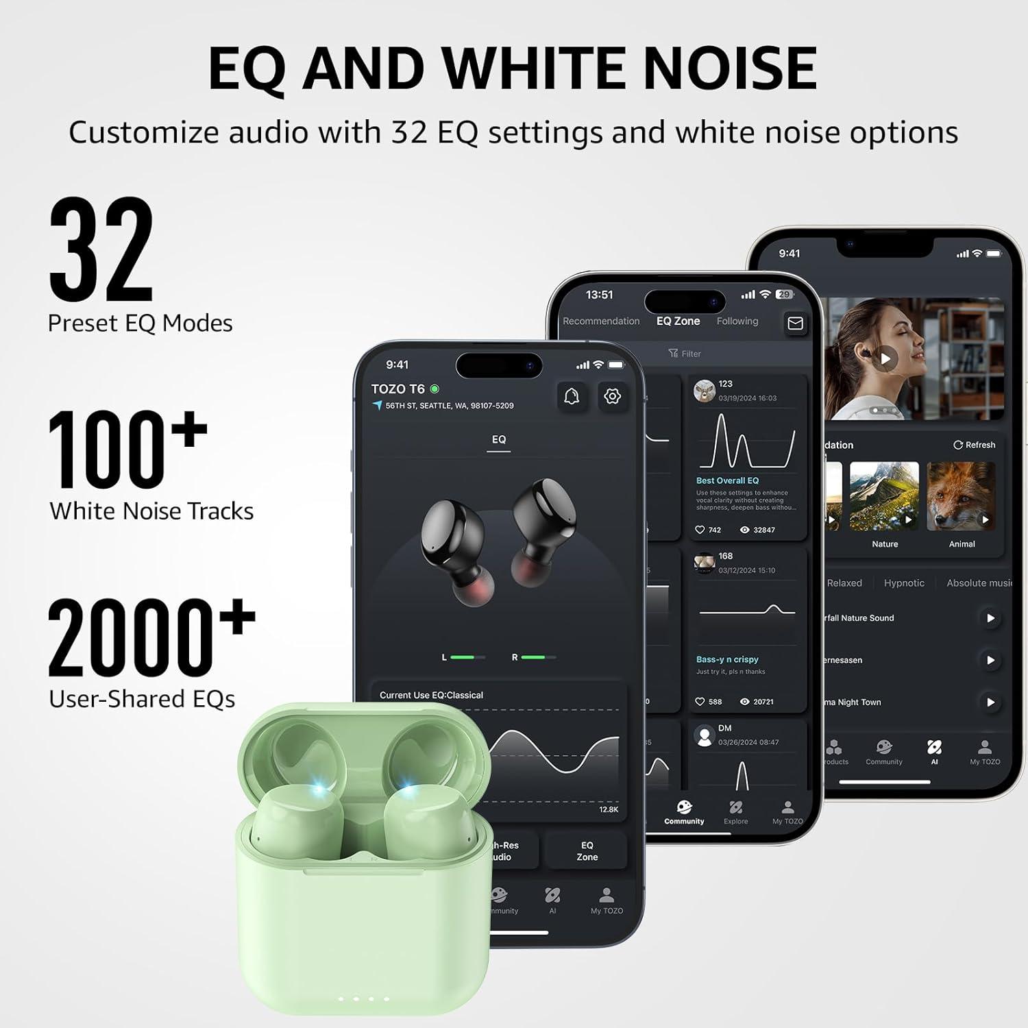 imageTOZO T6 Wireless Earbuds Bluetooth Ear Buds Stereo Sound in Ear Headphones 50 Hours Playtime AI Clear Call Wireless Charging Case APP Customizable EQs IPX8 Waterproof EarphonesGreen
