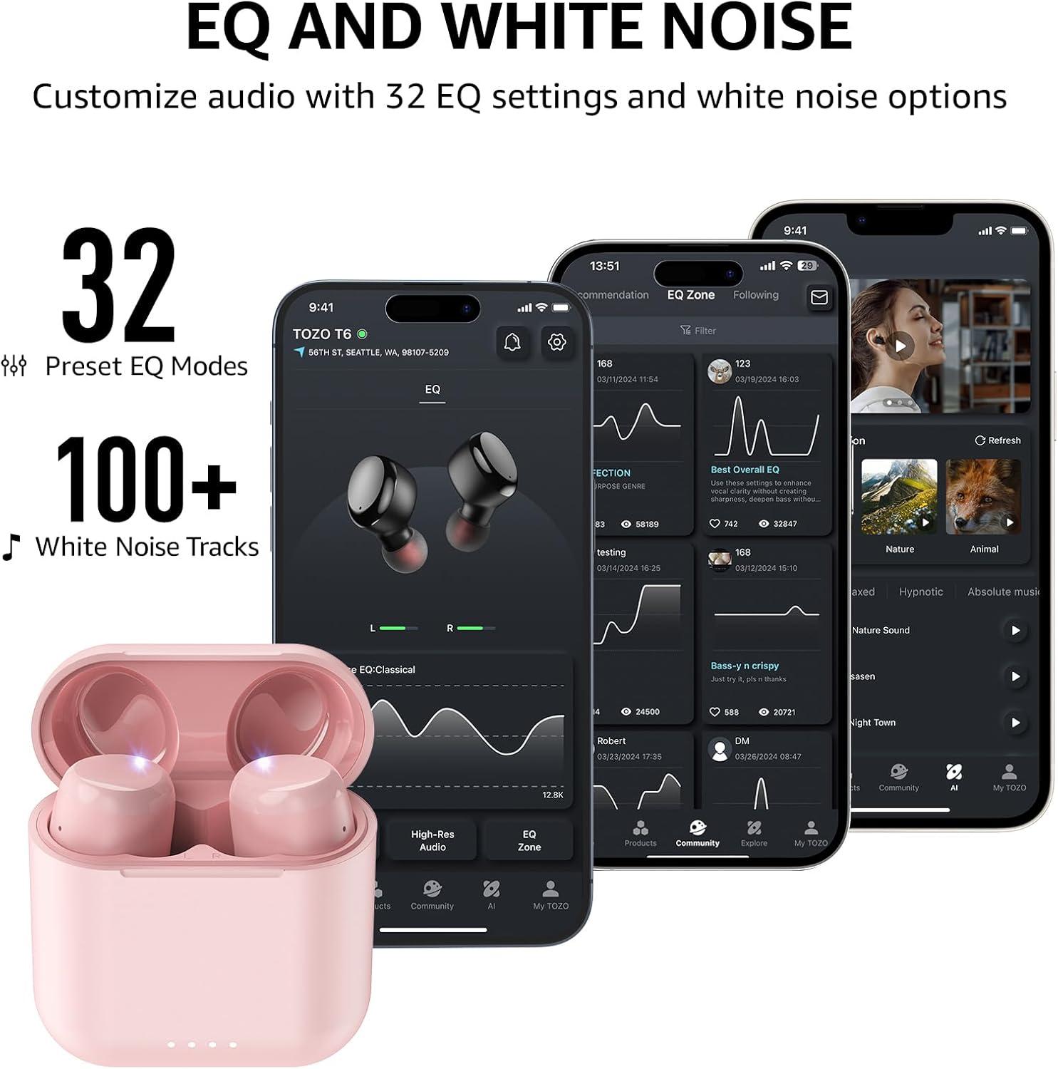 imageTOZO T6 Wireless Earbuds Bluetooth Ear Buds Stereo Sound in Ear Headphones 50 Hours Playtime AI Clear Call Wireless Charging Case APP Customizable EQs IPX8 Waterproof EarphonesPink