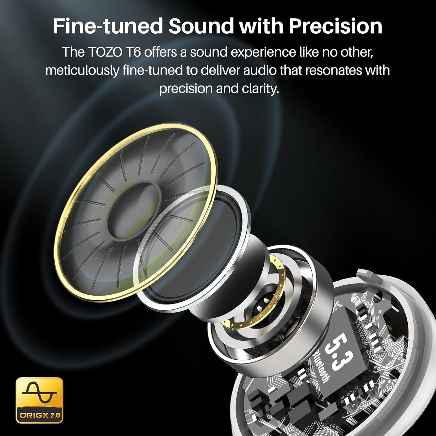 imageTOZO T6 Wireless Earbuds Bluetooth Ear Buds Stereo Sound in Ear Headphones 50 Hours Playtime AI Clear Call Wireless Charging Case APP Customizable EQs IPX8 Waterproof EarphonesWhite