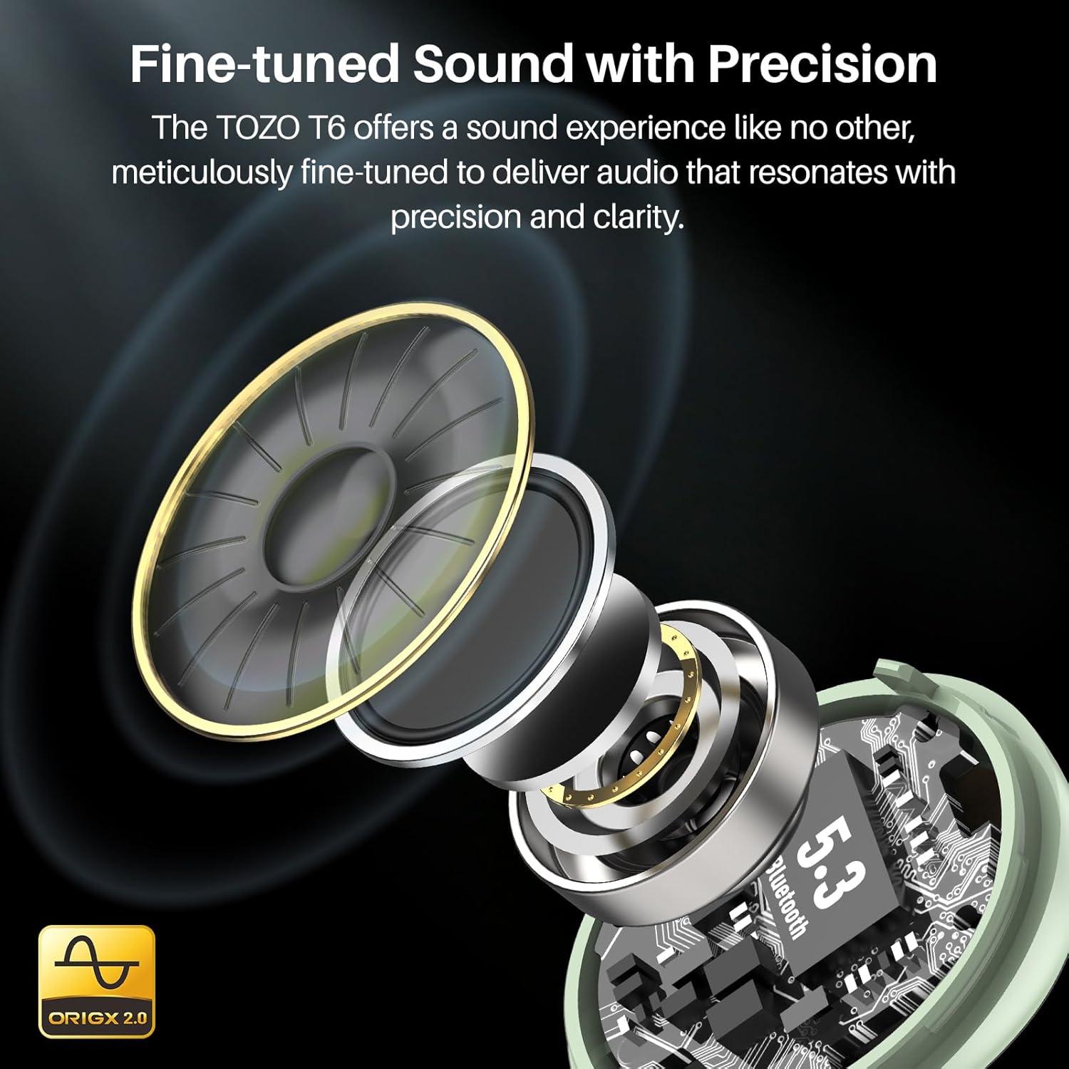 imageTOZO T6 Wireless Earbuds Bluetooth Ear Buds Stereo Sound in Ear Headphones 50 Hours Playtime AI Clear Call Wireless Charging Case APP Customizable EQs IPX8 Waterproof EarphonesGreen