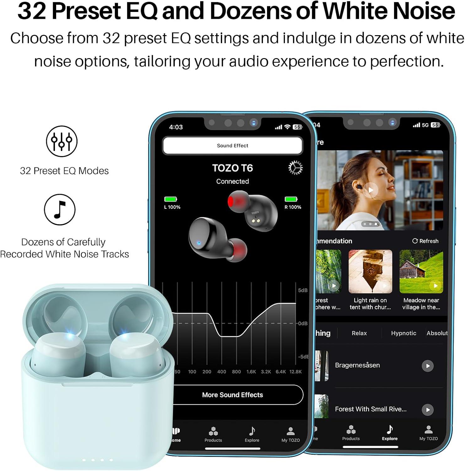imageTOZO T6 Wireless Earbuds Bluetooth Ear Buds Stereo Sound in Ear Headphones 50 Hours Playtime AI Clear Call Wireless Charging Case APP Customizable EQs IPX8 Waterproof EarphonesBlue