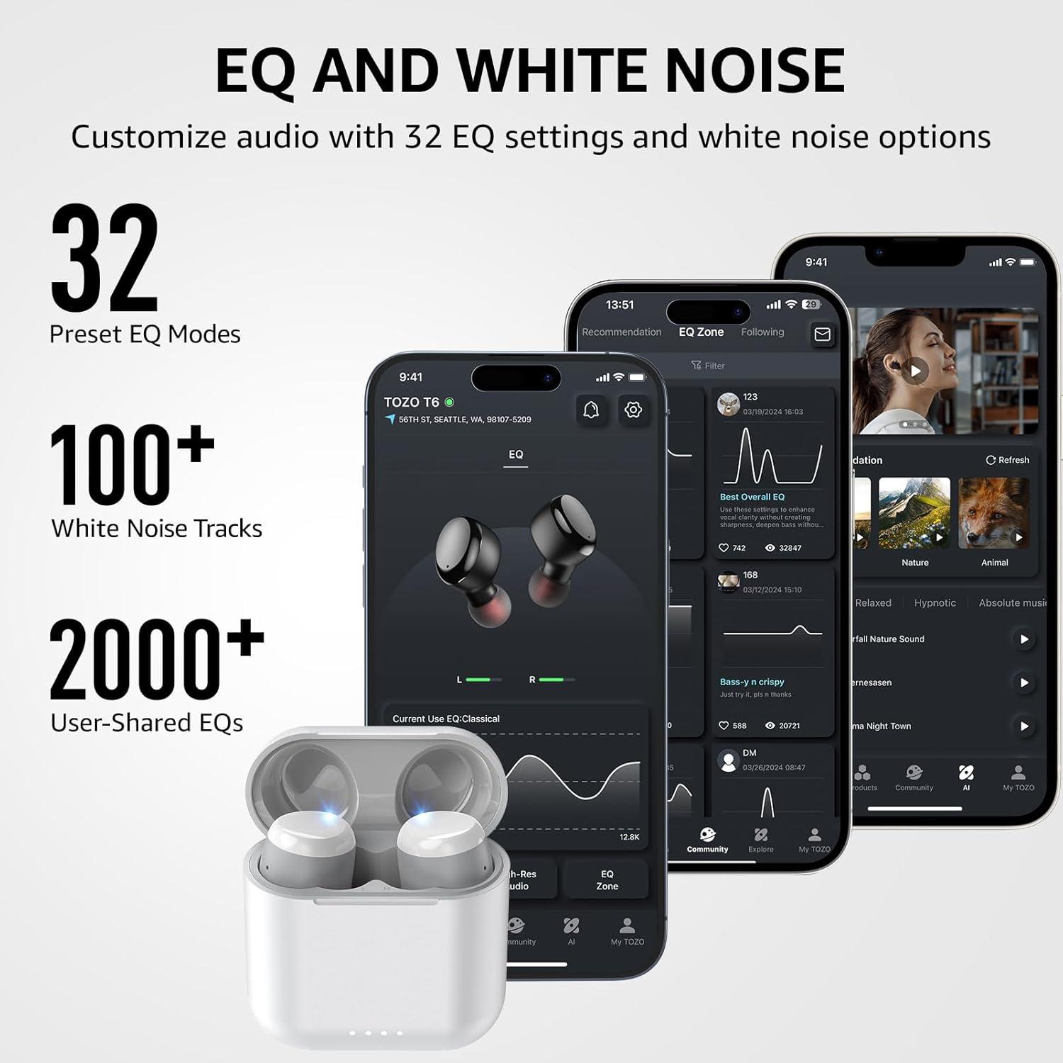 imageTOZO T6 Wireless Earbuds Bluetooth Ear Buds Stereo Sound in Ear Headphones 50 Hours Playtime AI Clear Call Wireless Charging Case APP Customizable EQs IPX8 Waterproof EarphonesWhite