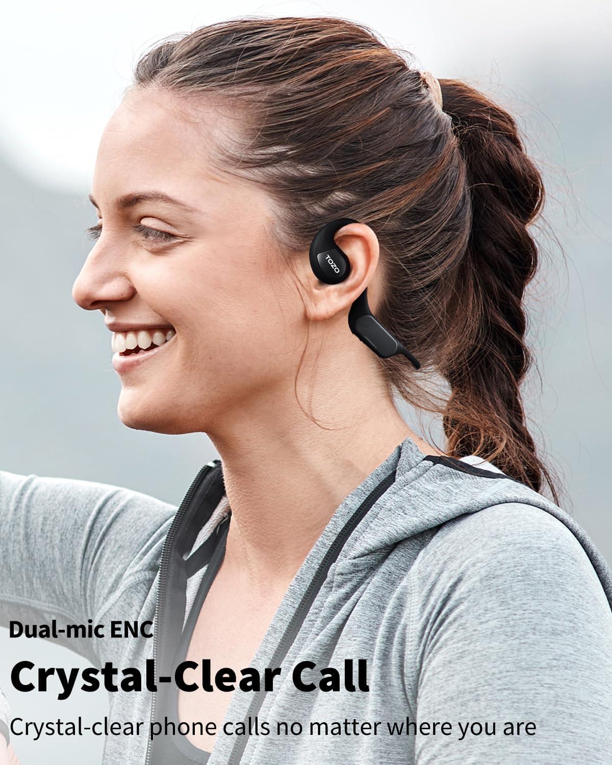 imageTOZO Upgraded Open Ear Headphones Bluetooth 53 Air Conduction Wireless Headphones Sport Earbuds with Premium Sound 32 EQs via APP DualMic Call Noise Reduction Earphones with Hair Band for CyclingDark Black