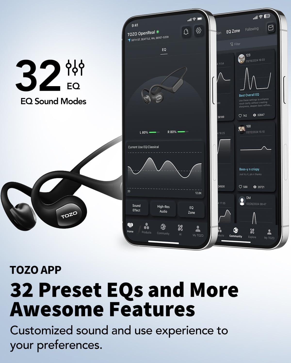 imageTOZO Upgraded Open Ear Headphones Bluetooth 53 Air Conduction Wireless Headphones Sport Earbuds with Premium Sound 32 EQs via APP DualMic Call Noise Reduction Earphones with Hair Band for CyclingDark Black