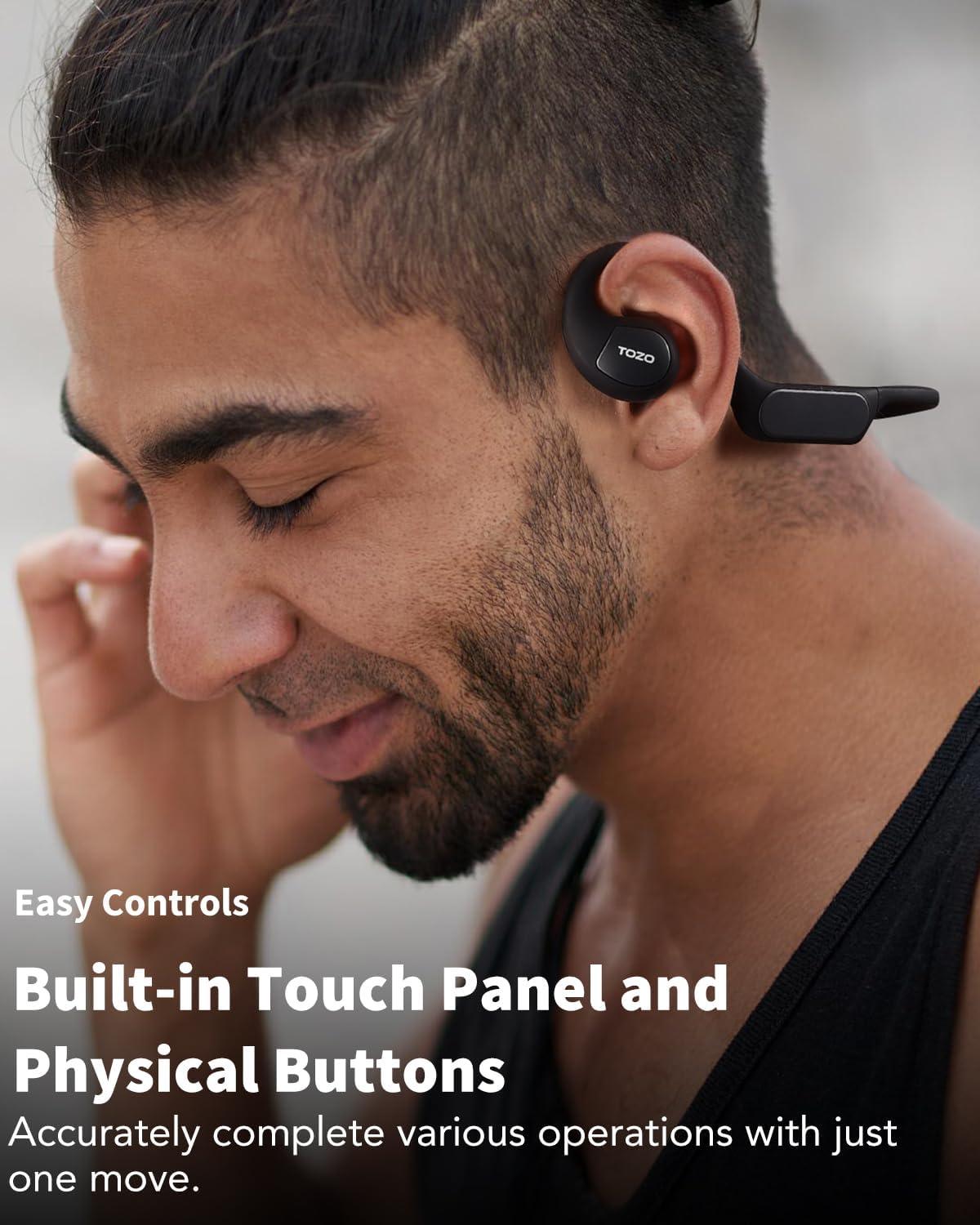 imageTOZO Upgraded Open Ear Headphones Bluetooth 53 Air Conduction Wireless Headphones Sport Earbuds with Premium Sound 32 EQs via APP DualMic Call Noise Reduction Earphones with Hair Band for CyclingDark Black