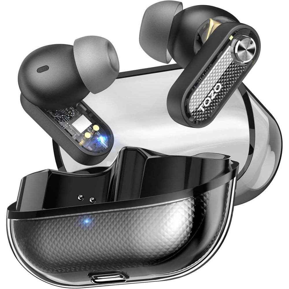 imageTOZO Crystal Pods Hybrid Active Noise Cancelling Wireless Earbuds 10mm Drivers Deep Bass Stereo Sound 4 Mics Smart ENC AI Calls 32 EQ via App Bluetooth 54 Headphones Crystal Case DesignBlack
