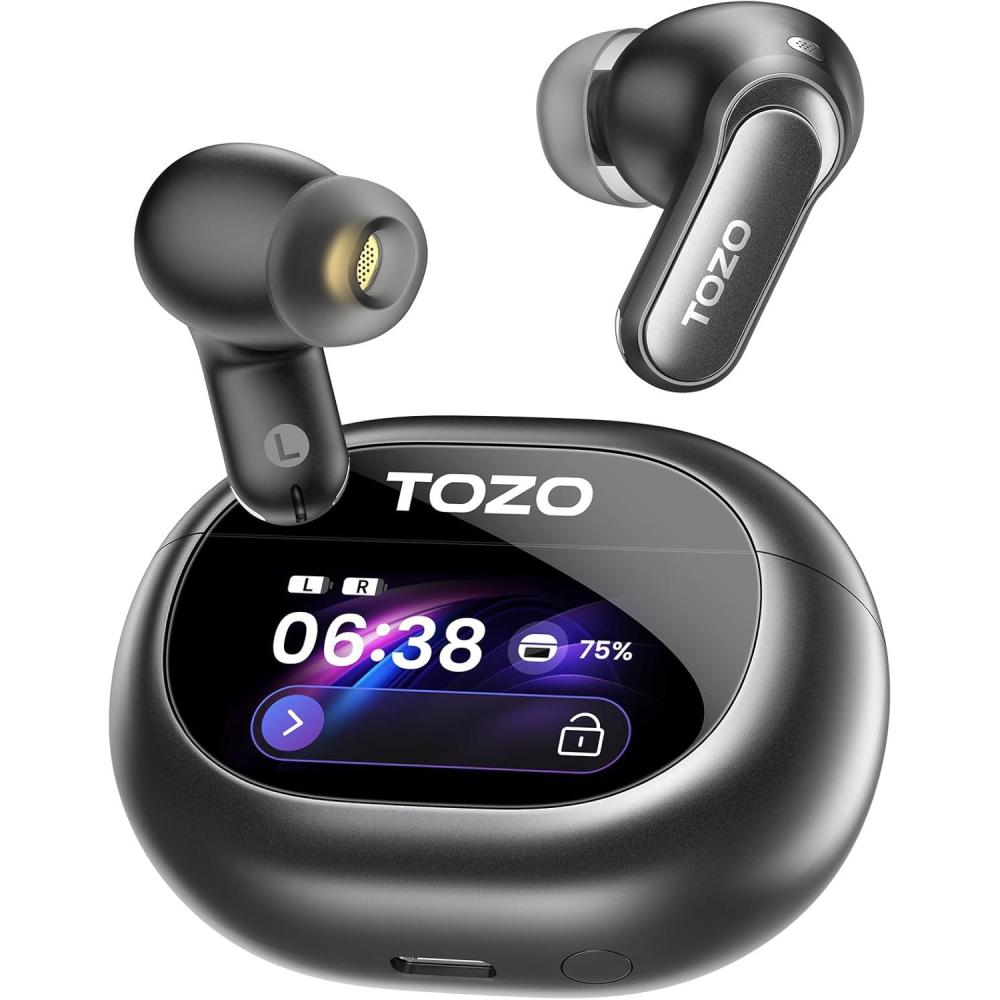imageTOZO NC20 Pro Active Noise Cancelling Wireless Earbuds with Smart Touch Screen LDAC HiRes Audio Stereo Bass 6 Mics AI Call Ear Buds 80H Playtime IPX8 Waterproof 32 EQ via App Wireless ChargingTitanium Black