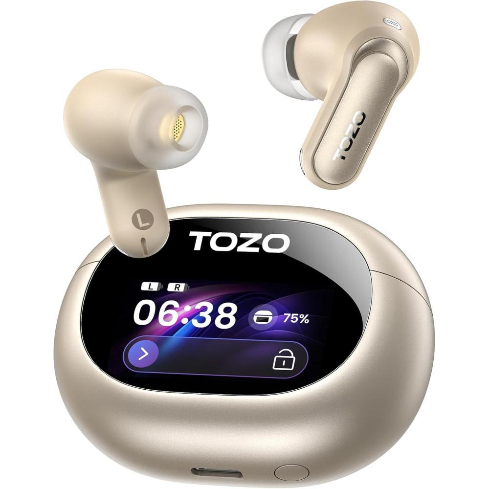 imageTOZO NC20 Pro Active Noise Cancelling Wireless Earbuds with Smart Touch Screen LDAC HiRes Audio Stereo Bass 6 Mics AI Call Ear Buds 80H Playtime IPX8 Waterproof 32 EQ via App Wireless ChargingTitanium Champagne