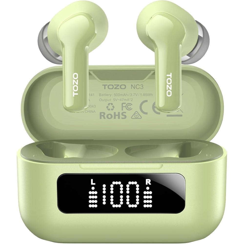 imageTOZO NC3 Hybrid Active Noise Cancelling Wireless Earbuds with 6 Mics AI Clear Call Ear Buds 55H Playtime with LED Display 32 Preset EQs via APP Bluetooth 53 IPX8 Waterproof in Ear HeadphonesLight Green