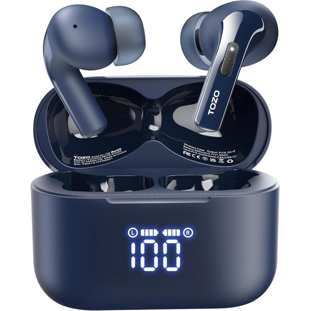 imageTOZO T20 Wireless Earbuds Bluetooth Headphones 485 Hrs Playtime with LED Digital Display IPX8 Waterproof Dual Mic Call Noise Cancelling 10mm Broad Range Speakers New VersionBlue