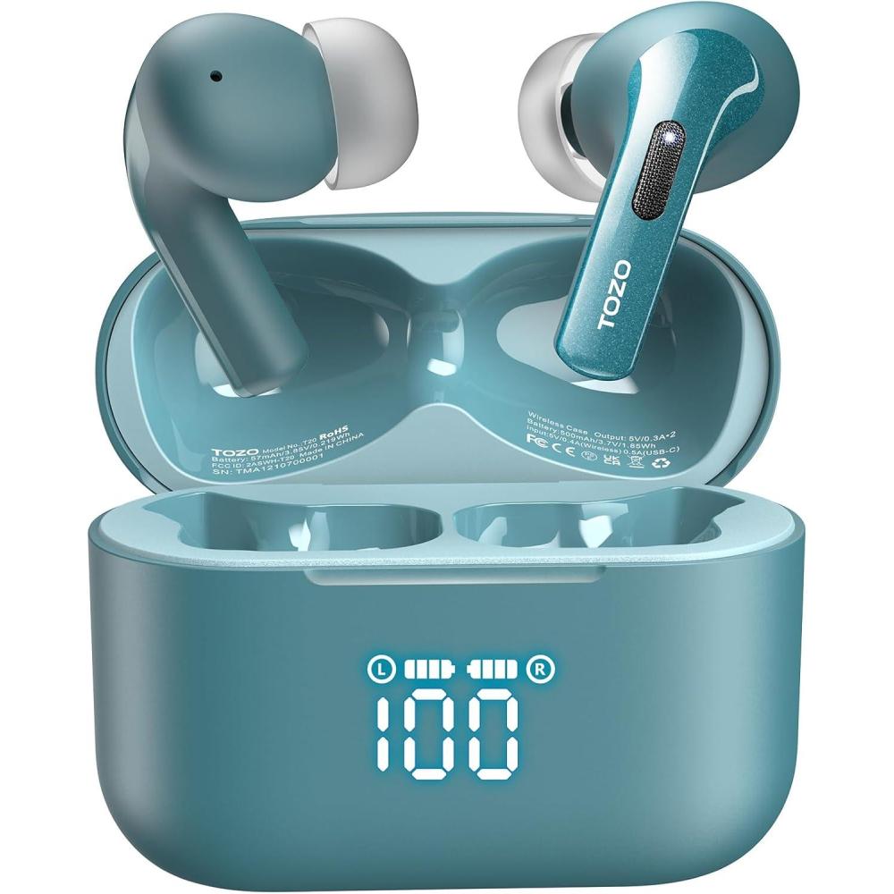 imageTOZO T20 Wireless Earbuds Bluetooth Headphones 485 Hrs Playtime with LED Digital Display IPX8 Waterproof Dual Mic Call Noise Cancelling 10mm Broad Range Speakers New VersionGreen